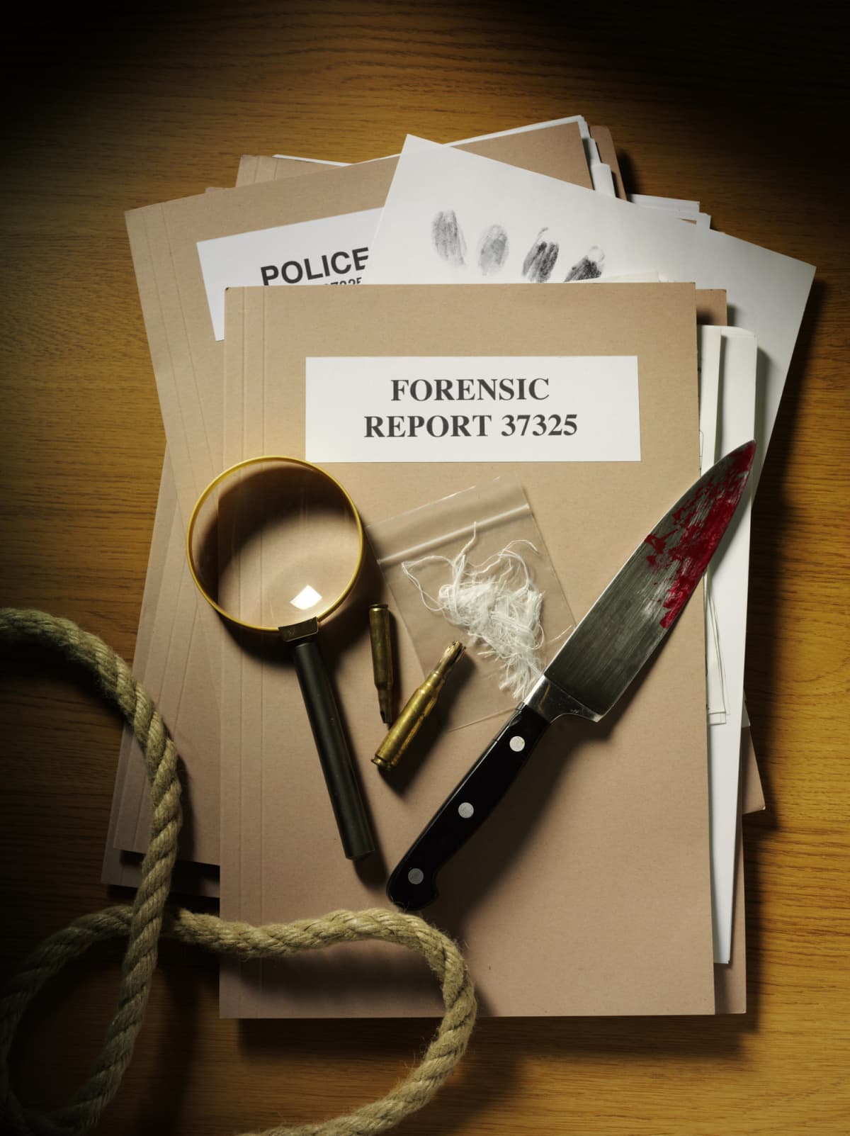 Police handcuffs and magnifying glass on a desk with murder, forensic and police paper files with copy space on the desk.