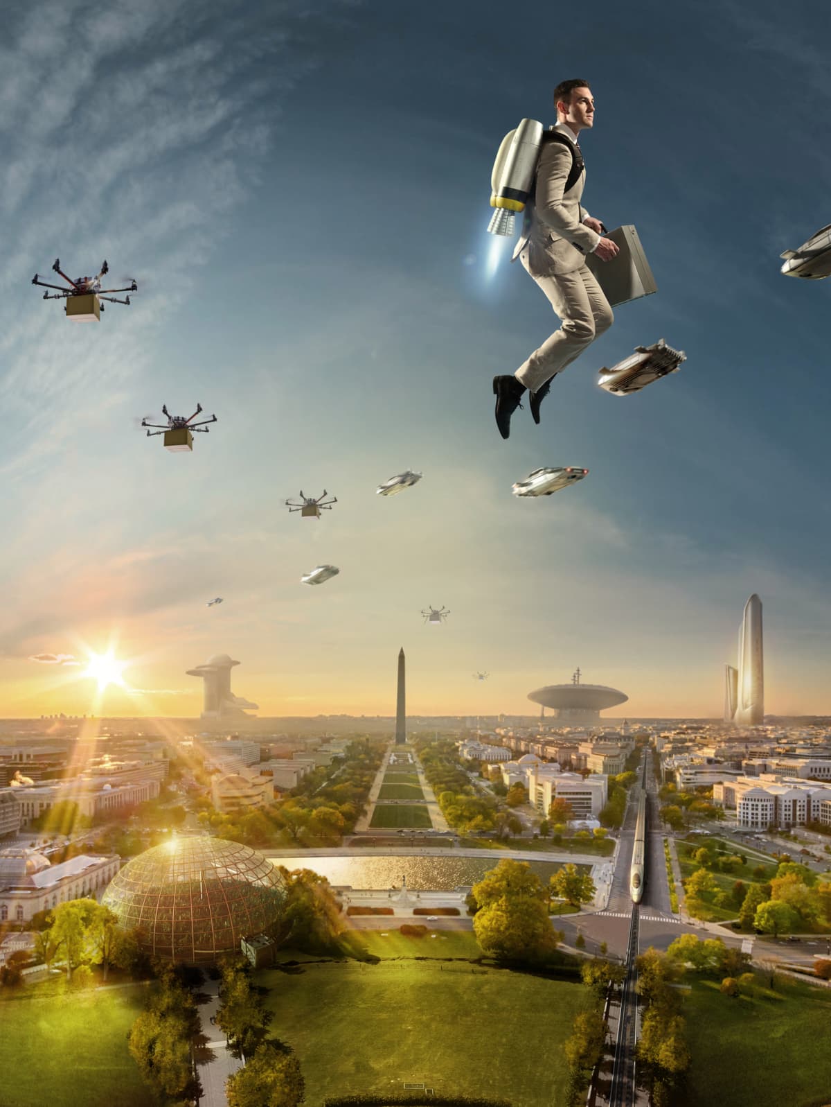 A man with a rocket jet pack floats above a futuristic version of Washington D.C.