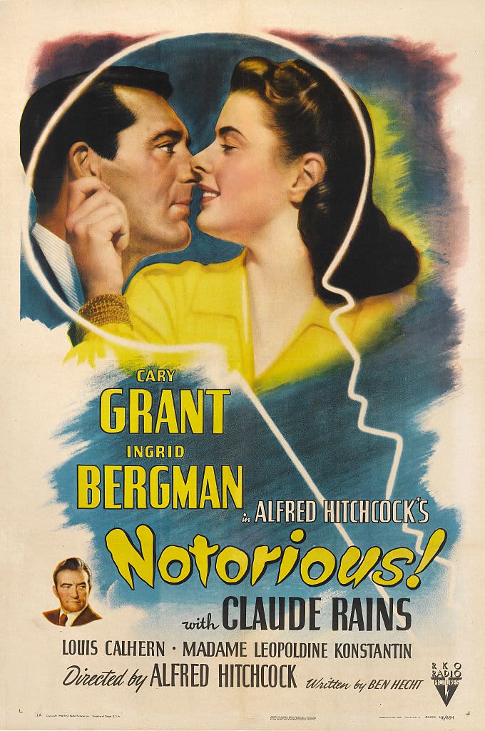 A US poster for Alfred Hitchcock's 1946 spy thriller, 'Notorious', starring Cary Grant, Ingrid Bergman and Claude Rains (bottom). The film was produced by RKO Radio Pictures. (Photo by Movie Poster Image Art/Getty Images)
