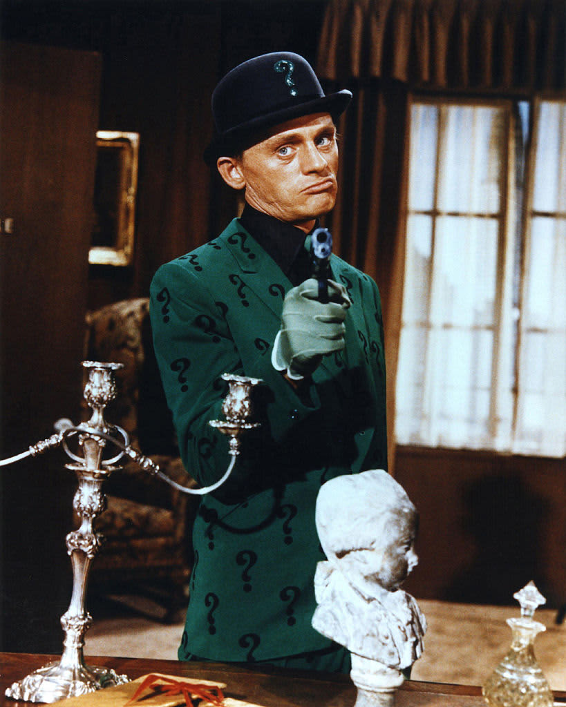 Frank Gorshin (1933-2005), US actor and comedian, in costume in a publicity portrait issued for the US television series, 'Batman', USA, circa 1967. The series, featuring DC Comics characters, starred Gorshin as 'The Riddler'. (Photo by Silver Screen Collection/Getty Images)