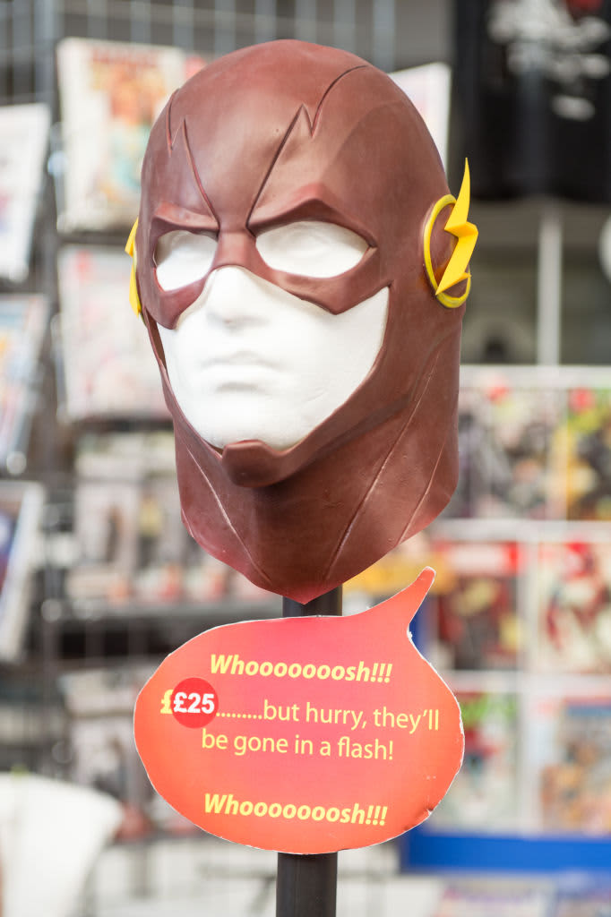 LONDON, ENGLAND - AUGUST 25:  A The Flash mask for sale during day 1 of the London Super Comic Con at Business Design Centre on August 25, 2017 in London, England.  (Photo by Ollie Millington/Getty Images)