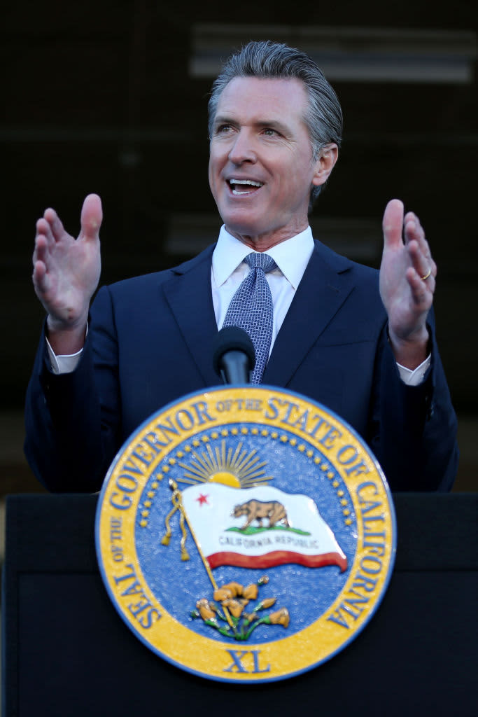 DUBLIN, CA - DECEMBER 17: California Governor Gavin Newsom introduces new state efforts and proposed investments to fight and prevent crime across the state during a news conference in Dublin, Calif., on Friday, Dec. 17, 2021. Newsom was joined by Attorney General Rob Bonta, and other law enforcement leaders.  (Photo by Ray Chavez/MediaNews Group/The Mercury News via Getty Images)