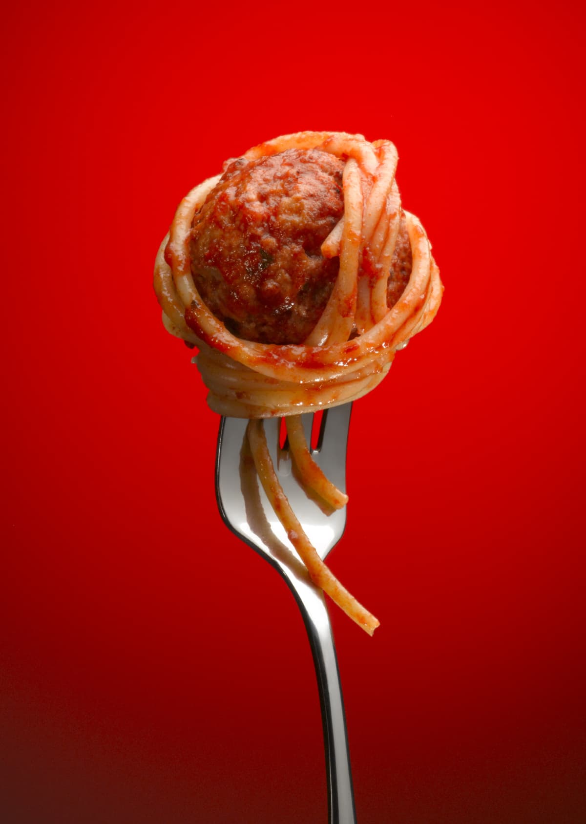 Spaghetty pasta  with meatballs and tomato sauce,  top view