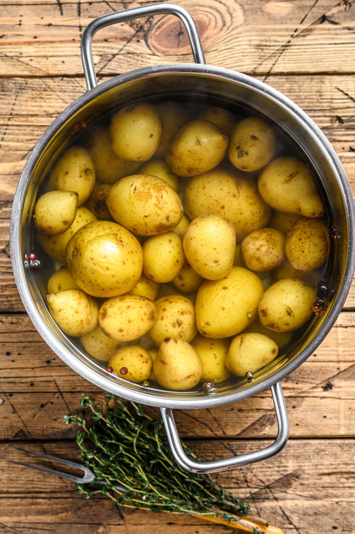 Potatoes Boiling in Water in Yellow Metal Pot - Kitchen Set