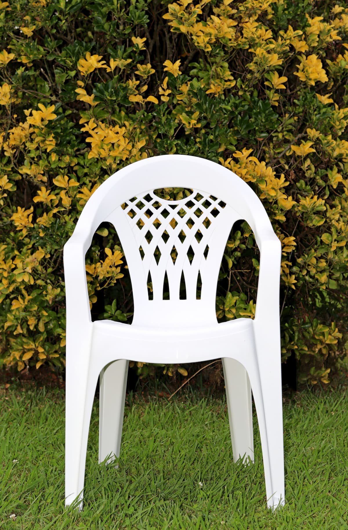 A white plastic chair in a garden