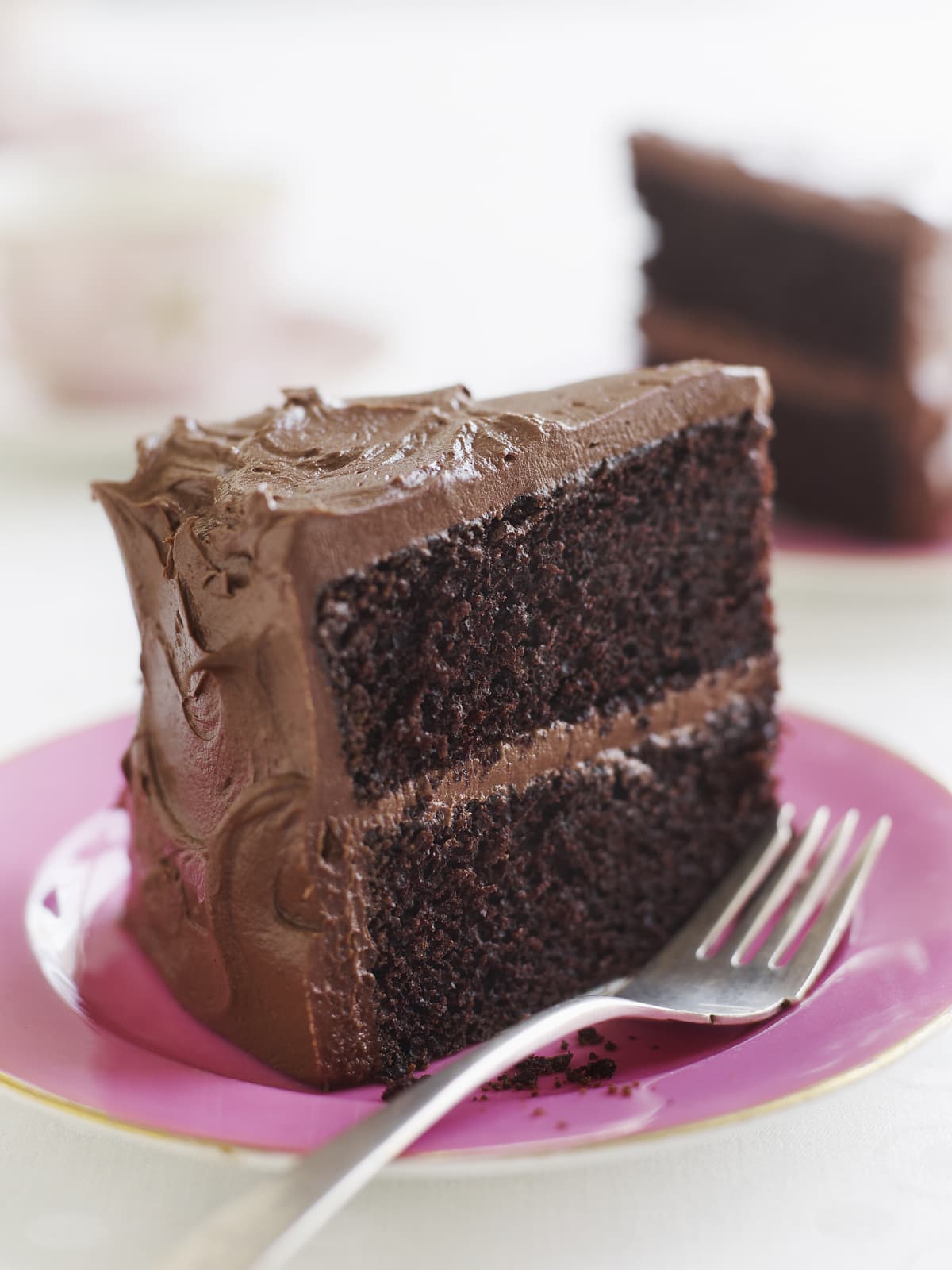 Slice of frosted chocolate cake