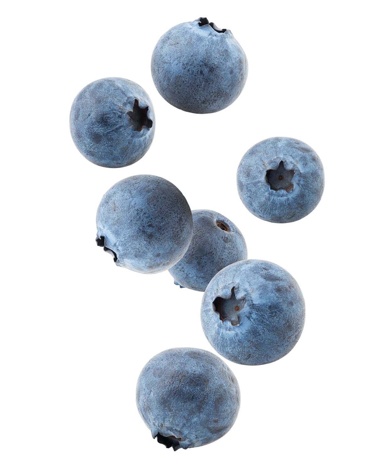Falling blueberries isolated on white background