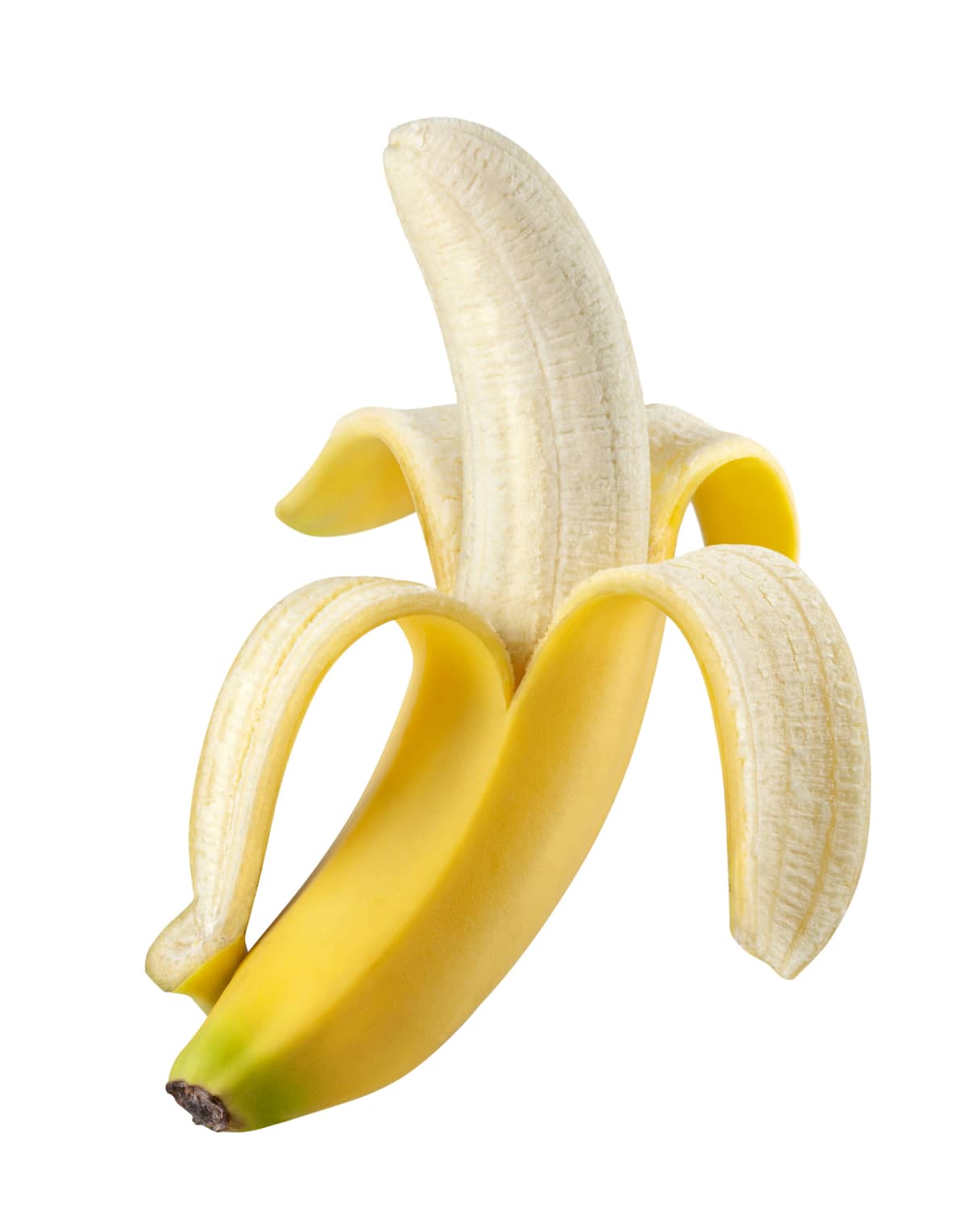 An opened banana on a white background