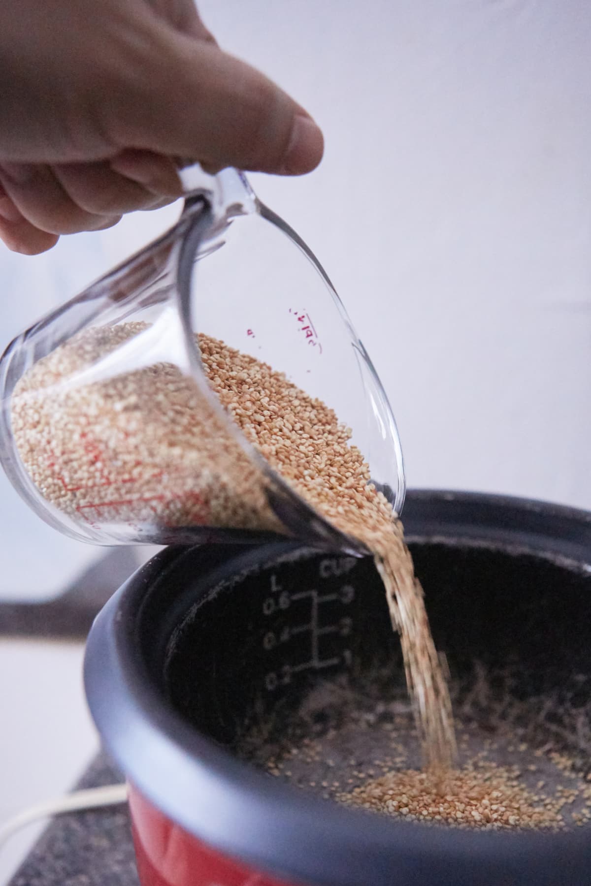 Quinoa being poured into a pot of boiling water