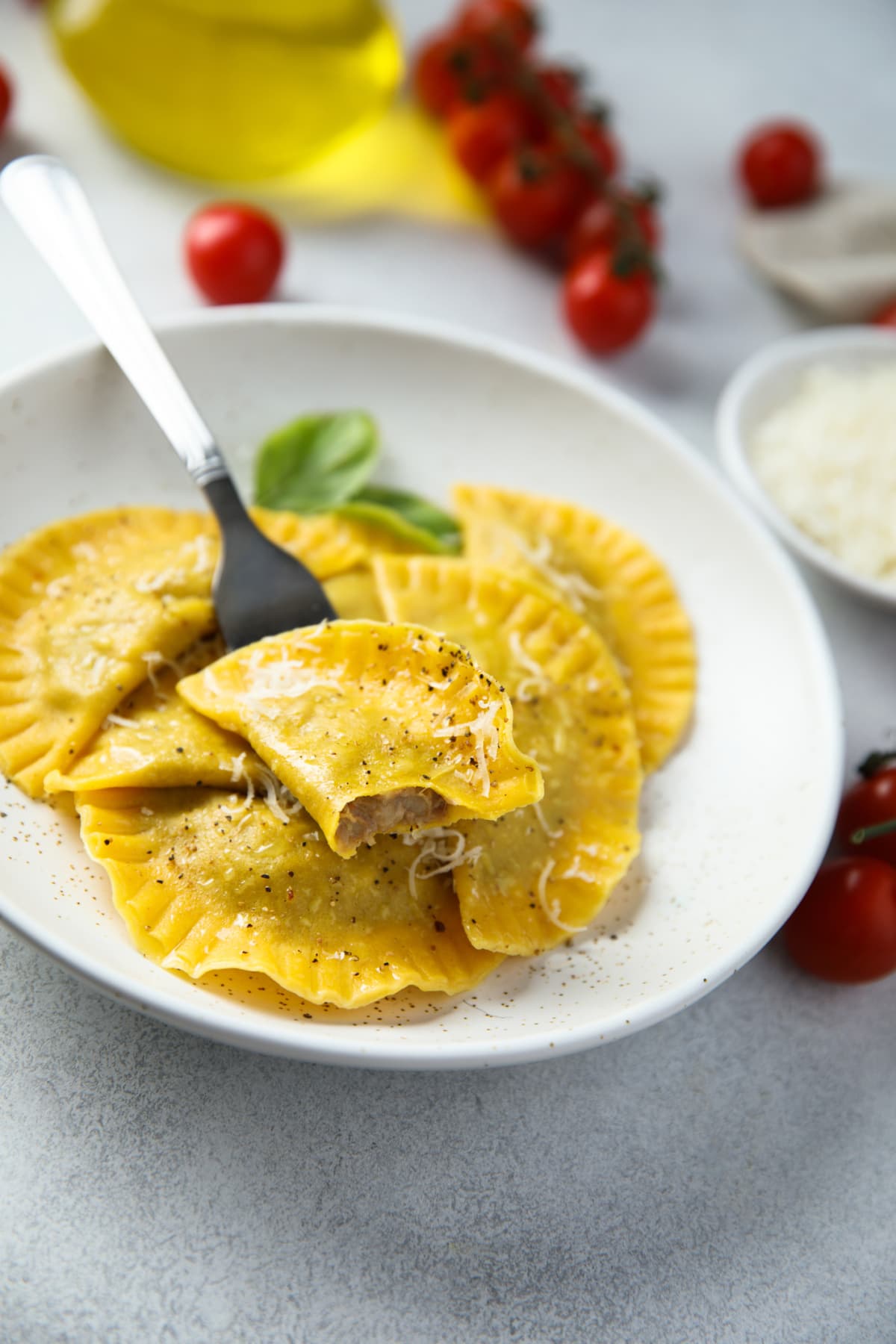 Bowl of ravioli with a fork