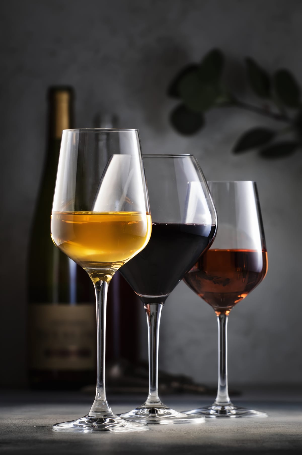 Glasses of red, white, and rose wine