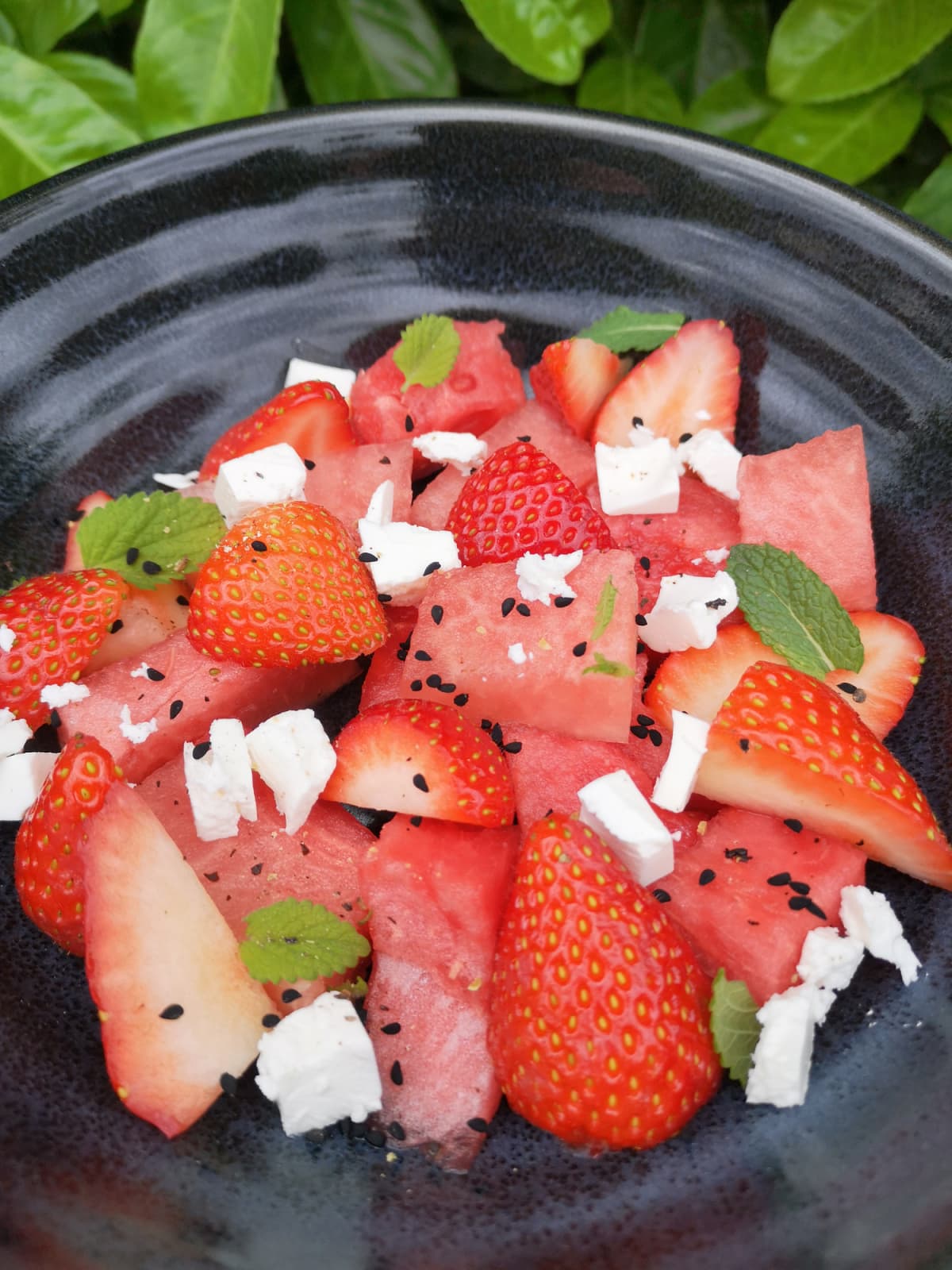 watermelon salad and strawberry with feta cheese toasted Nigella Seeds