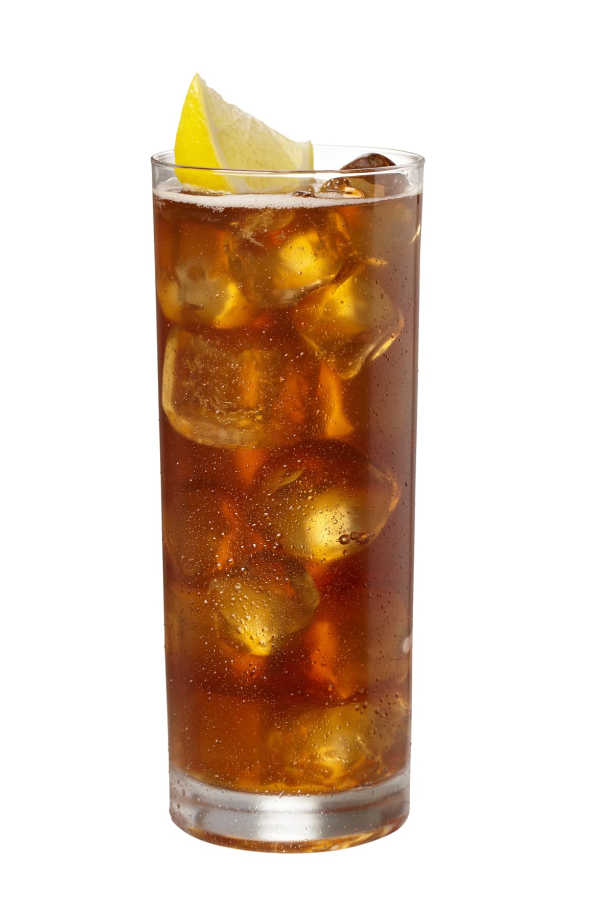 A tall glass of iced tea with a lemon wedge
