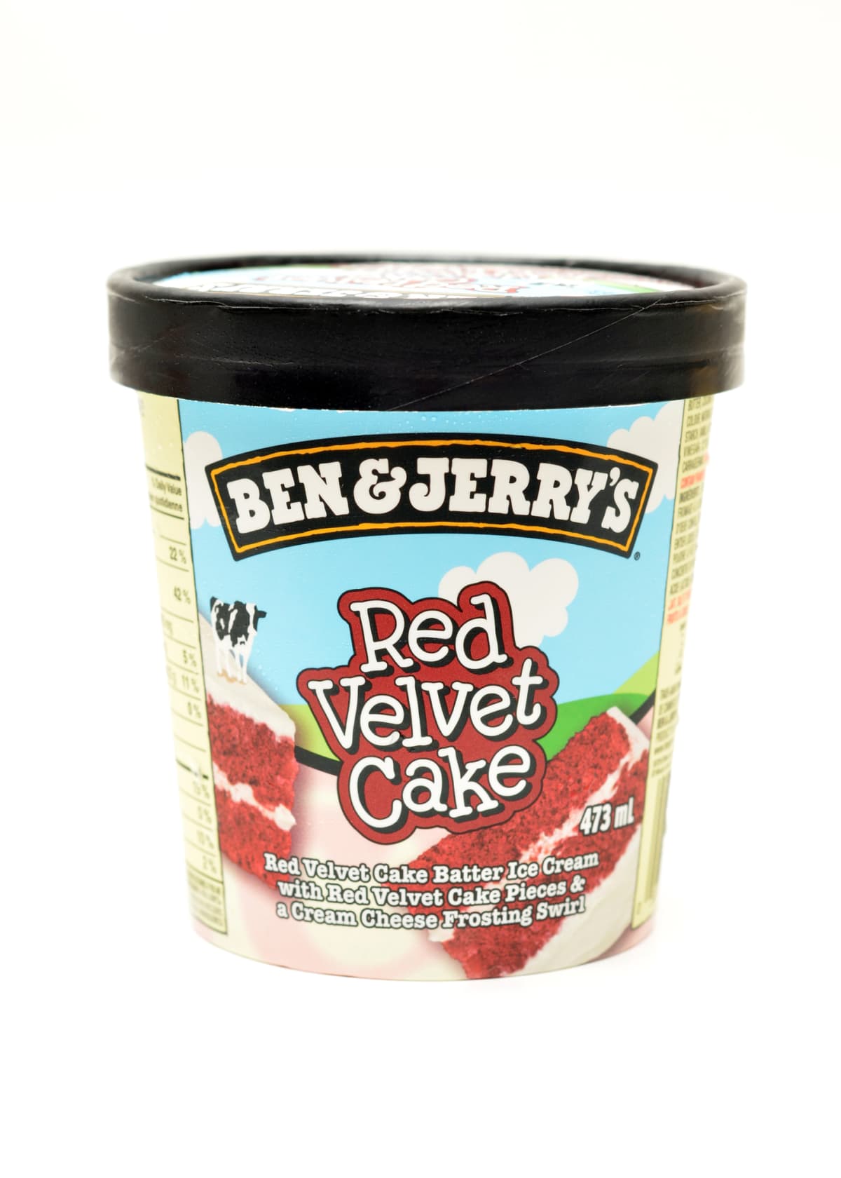 Ben and Jerry's Red Velvet Cake ice cream in carton on white background