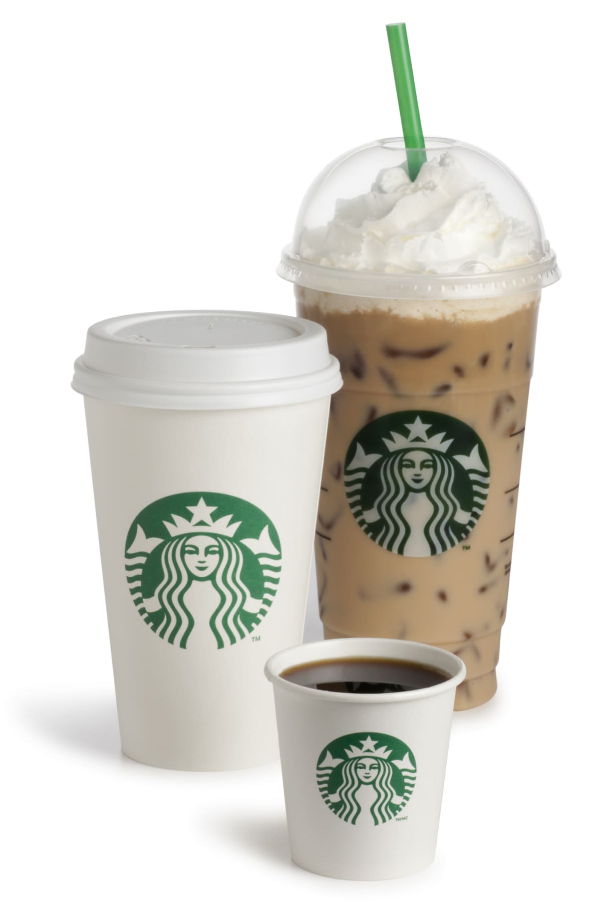 Thee different sizes of Starbucks drinks