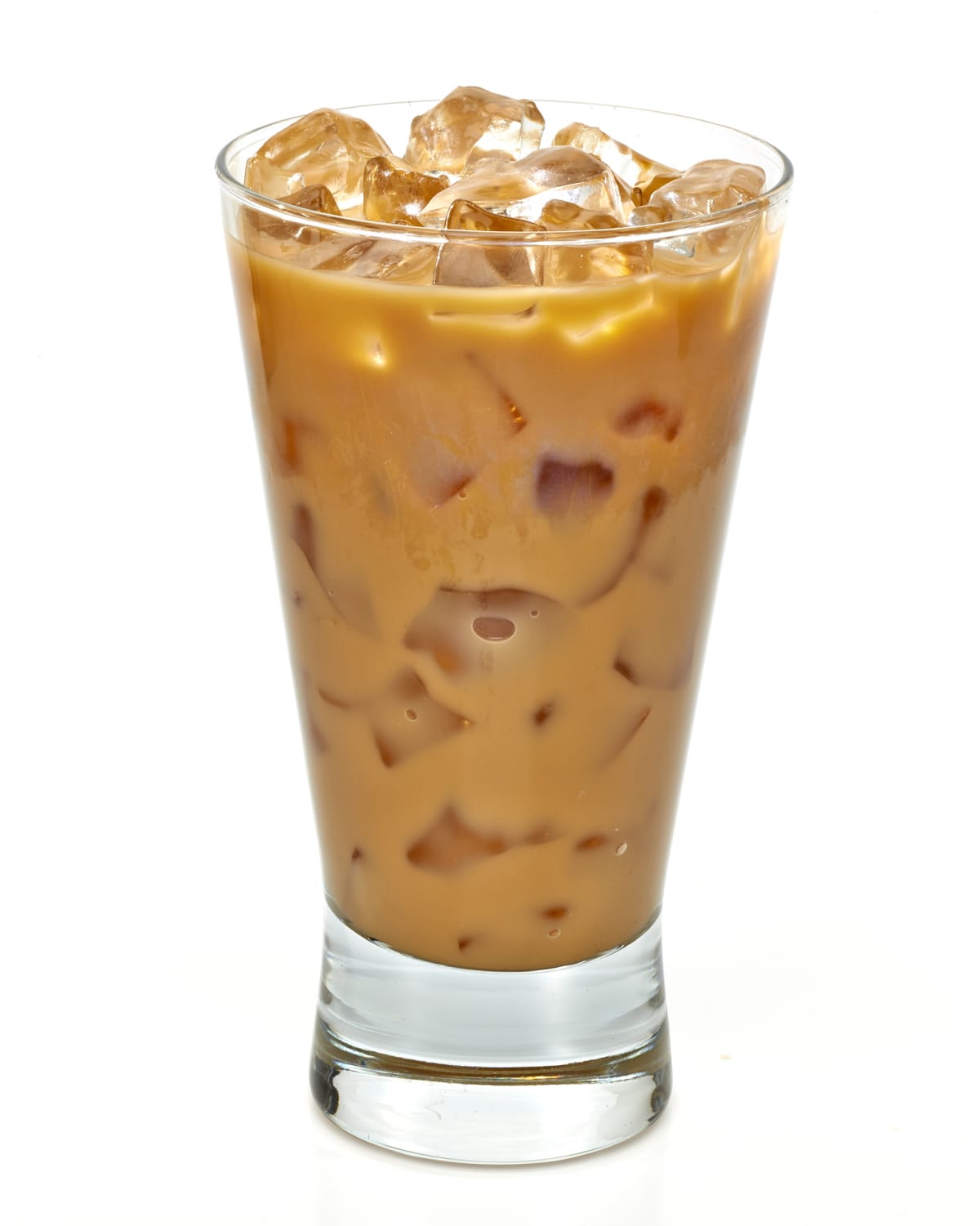 Iced coffee in high glass on white background