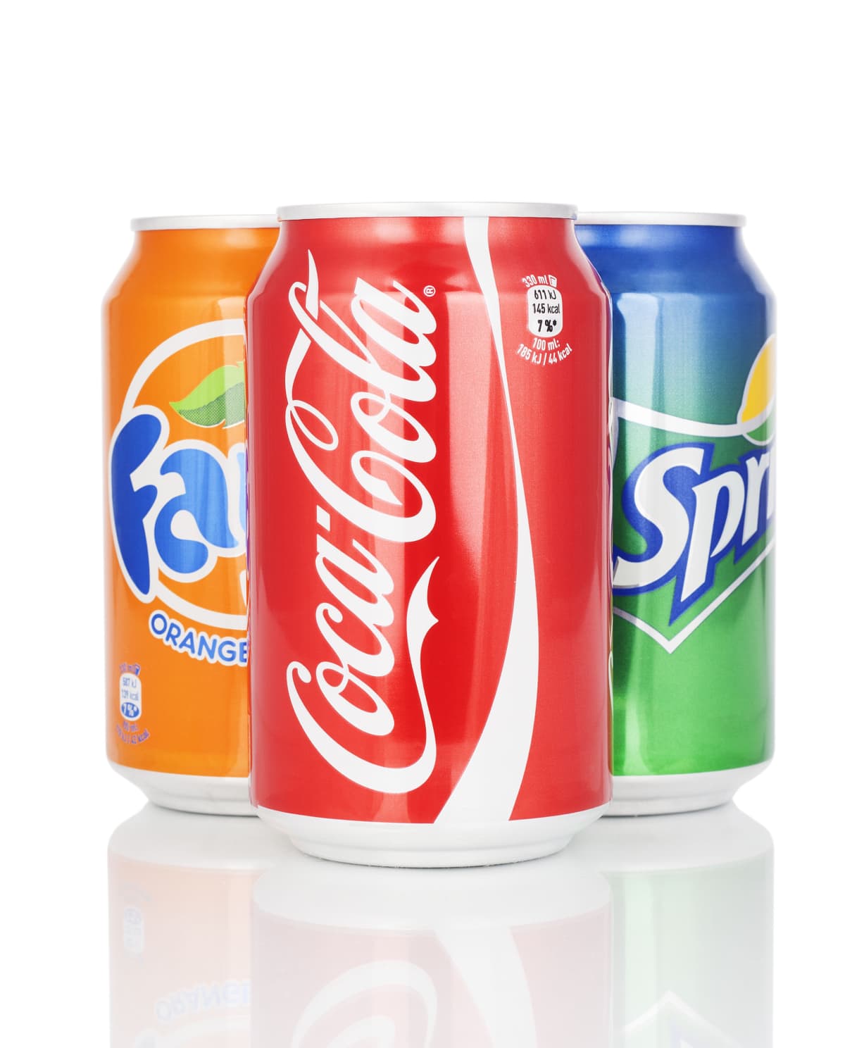 Kragujevac, Serbia - January 19, 2016: Can of Coca Cola, Fanta and Sprite isolated on white background. Coca-Cola company made carbonated soft drink. 