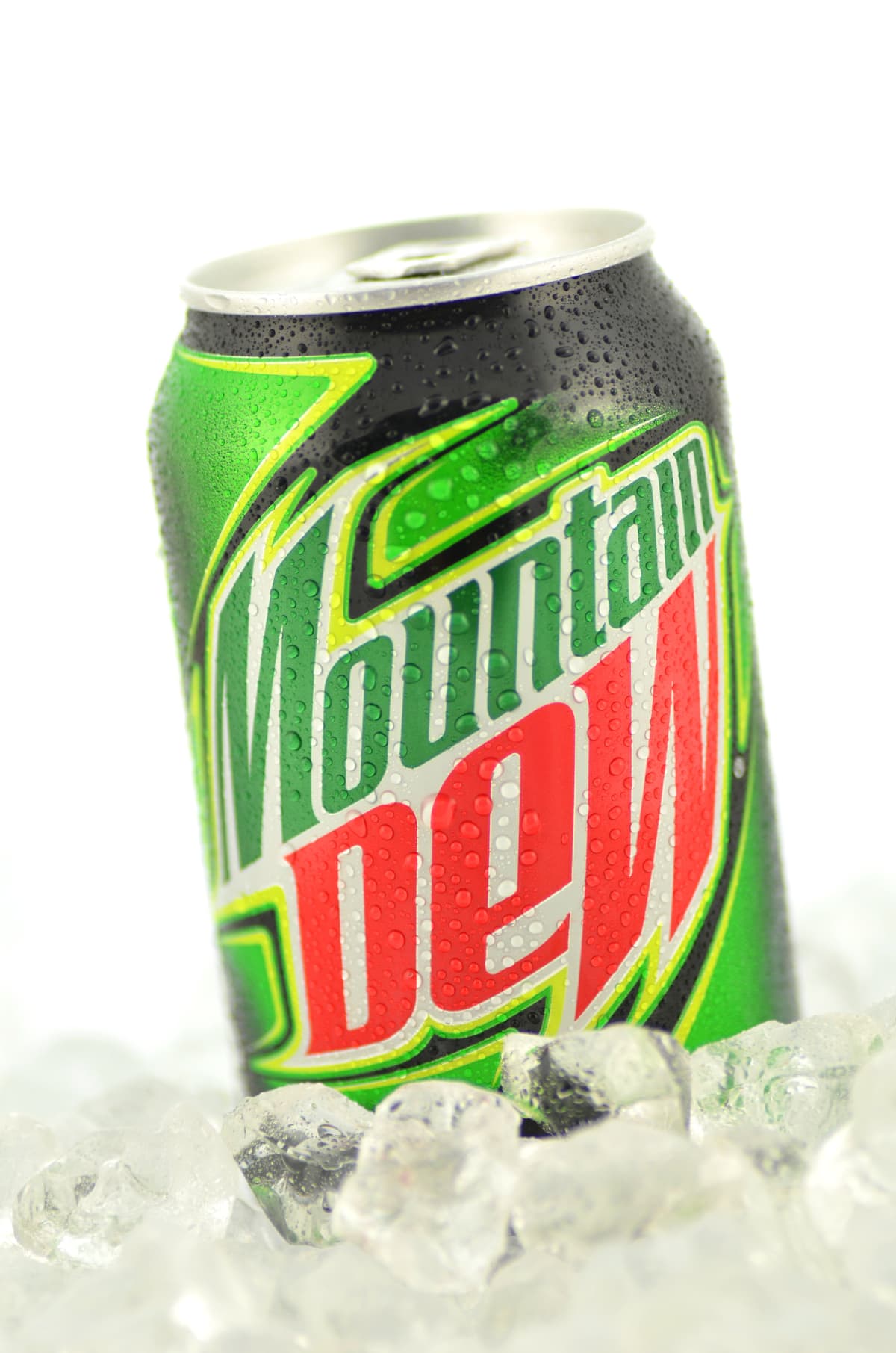 A can of Mountain Dew on ice.