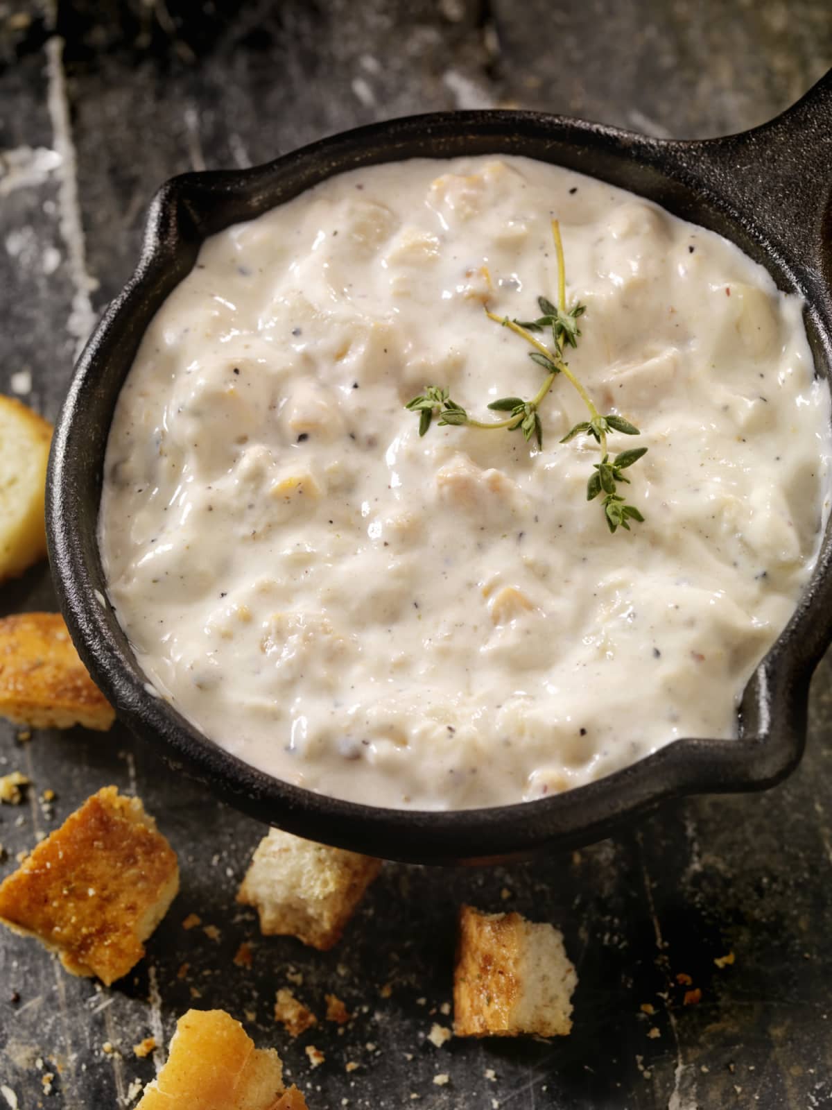 New England style clam chowder with toasted croutons and fresh thyme