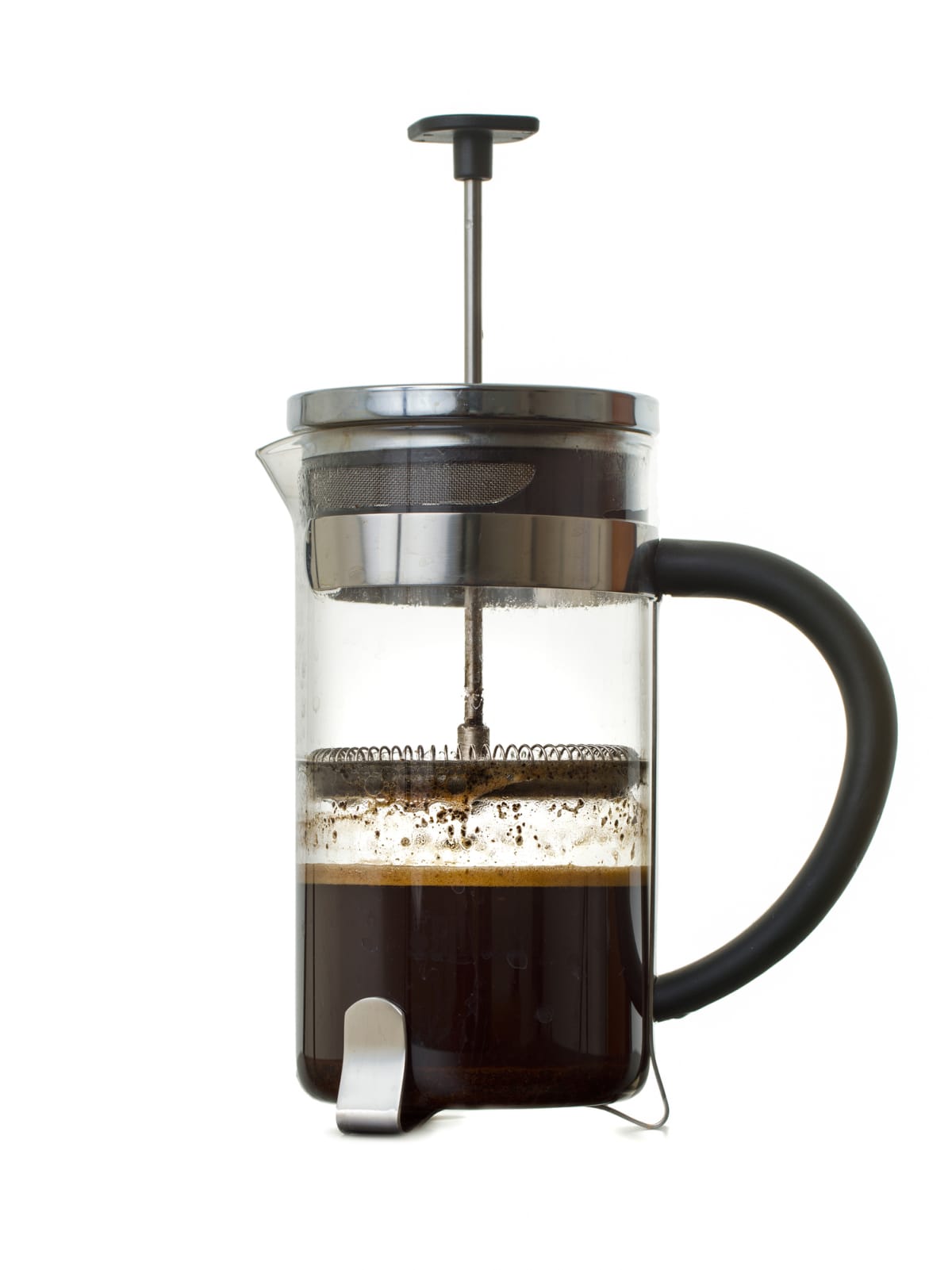 French press coffee maker on white background