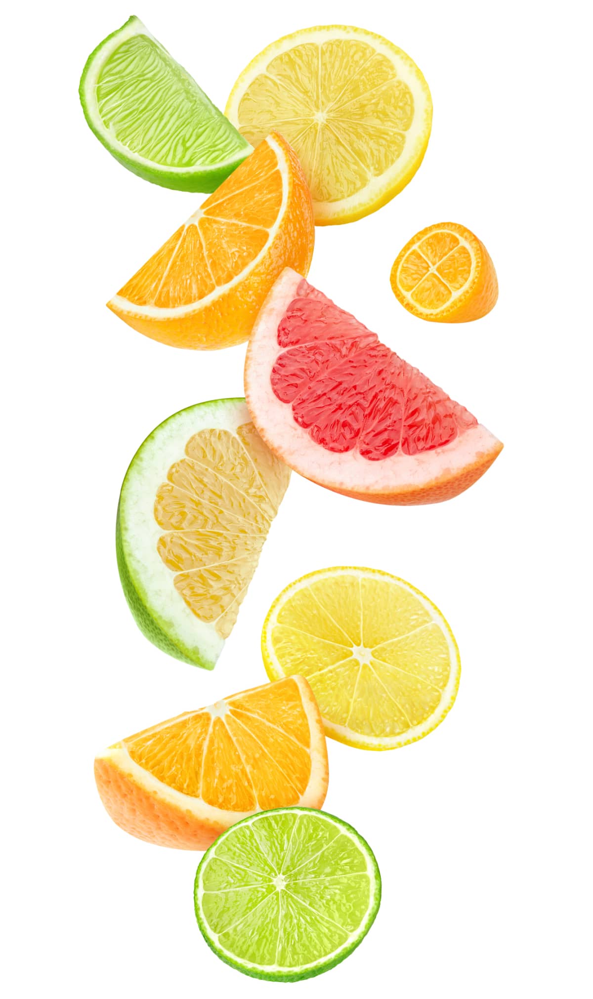 Sliced orange, lemon, lime, grapefruit and kumquat falling isolated on white background