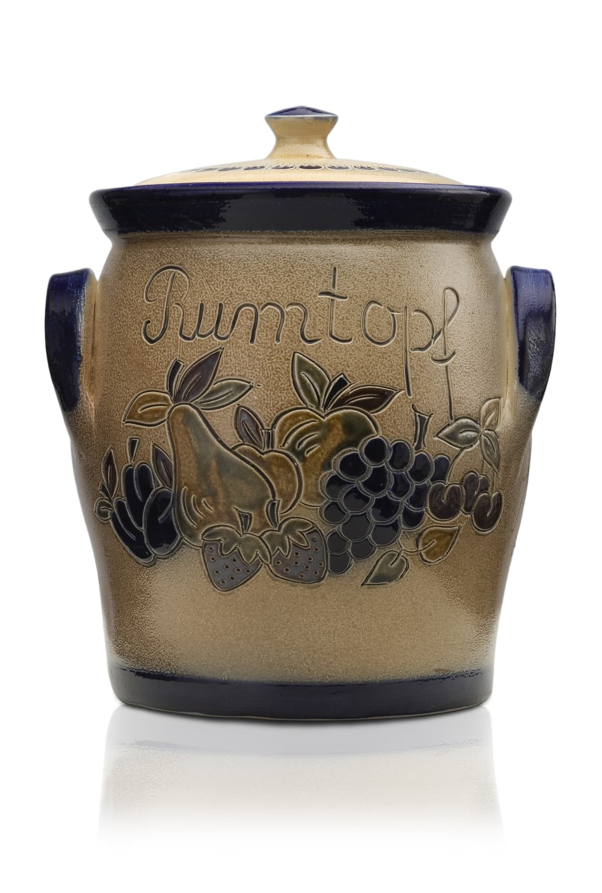 Clay jar with fruit design and engraving that reads 'Rumtopf'