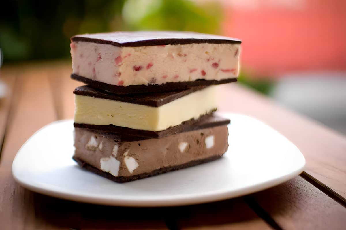 Three ice cream sandwiches in different flavors stacked on top of each other