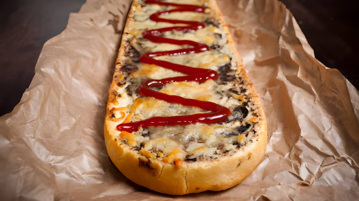 Zapiekanka sandwich with ketchup drizzle