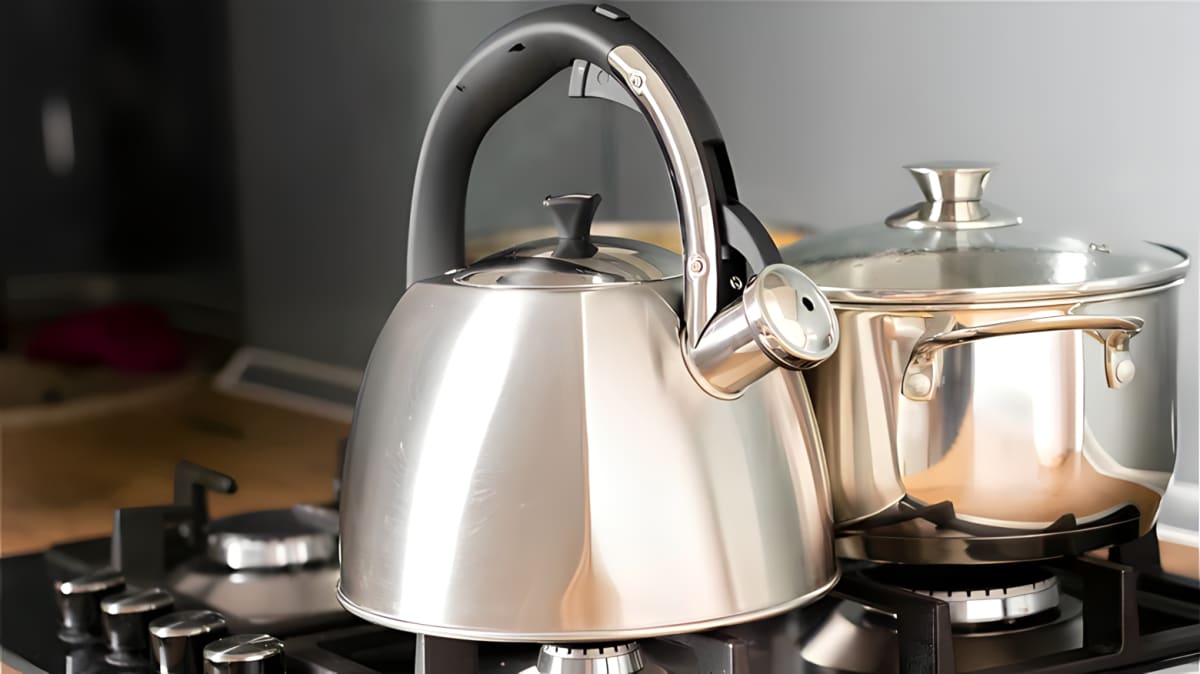 A shining kettle on a stovetop