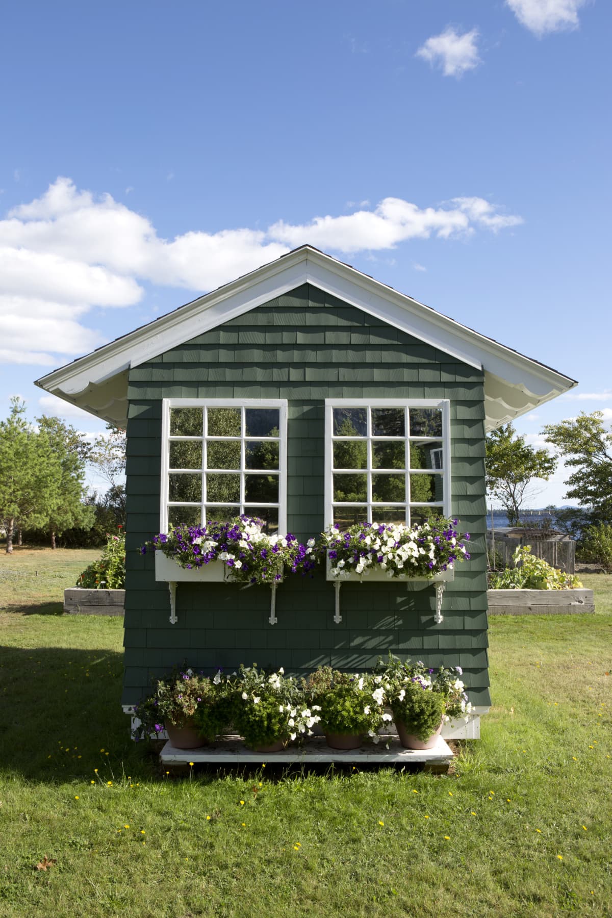 Cute shed with windows and flower boxes against a perfect blue sky with a few puffy clouds