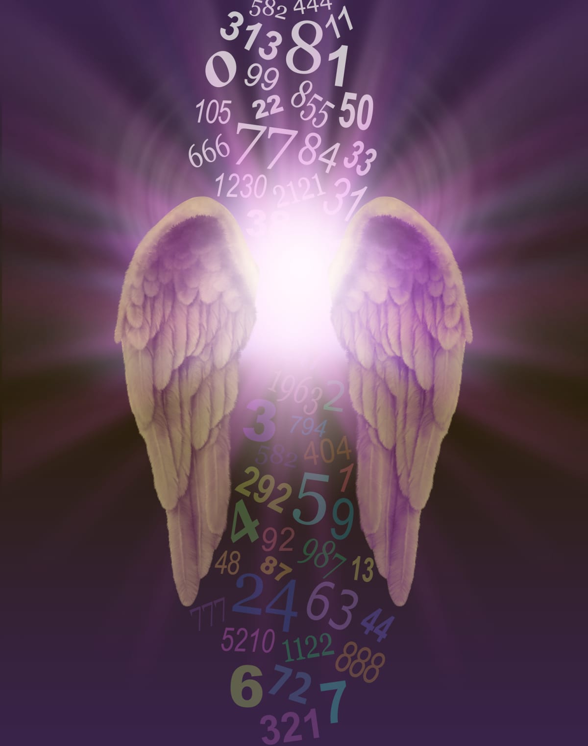 A pair of angel wings with burst of divine light behind and a stream of random numbers above and below appearing to be cleansed by the light on a dark purple background