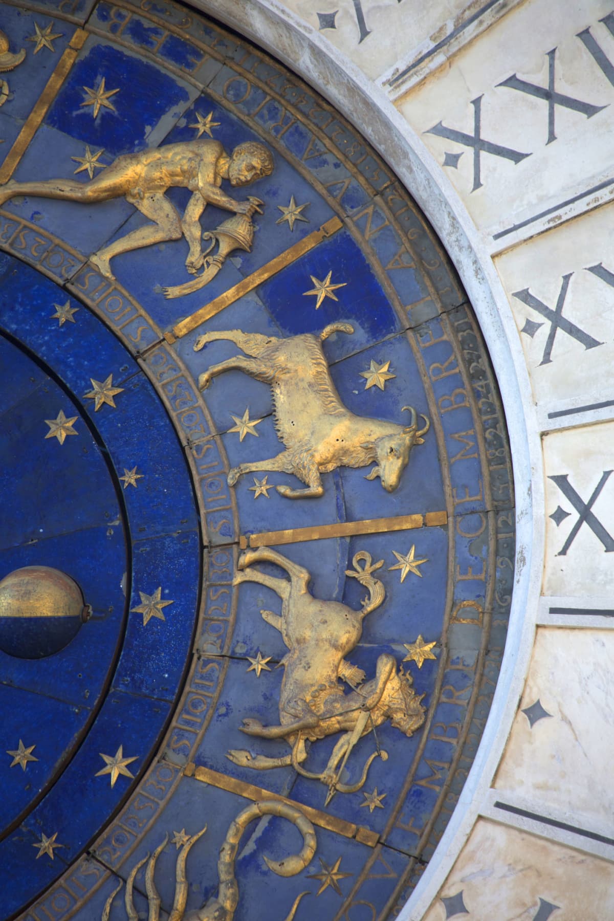 Italy, Venice, detail view of astrological clock in St Mark's square.