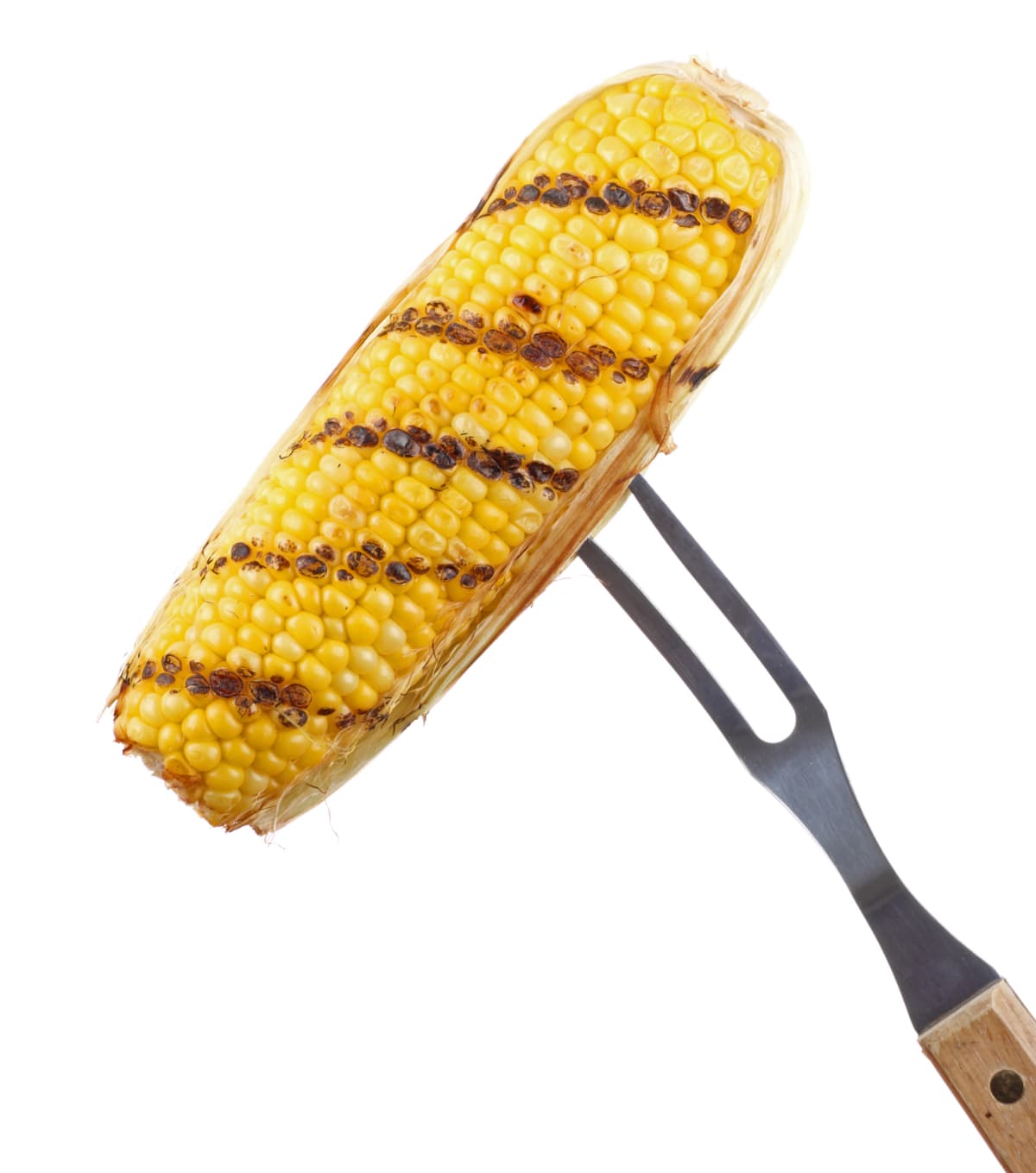 Roasted corn on grilling fork