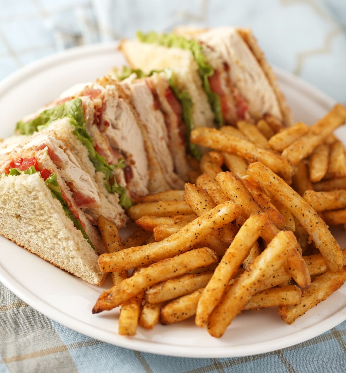 club sandwich on plate with seasoned fries