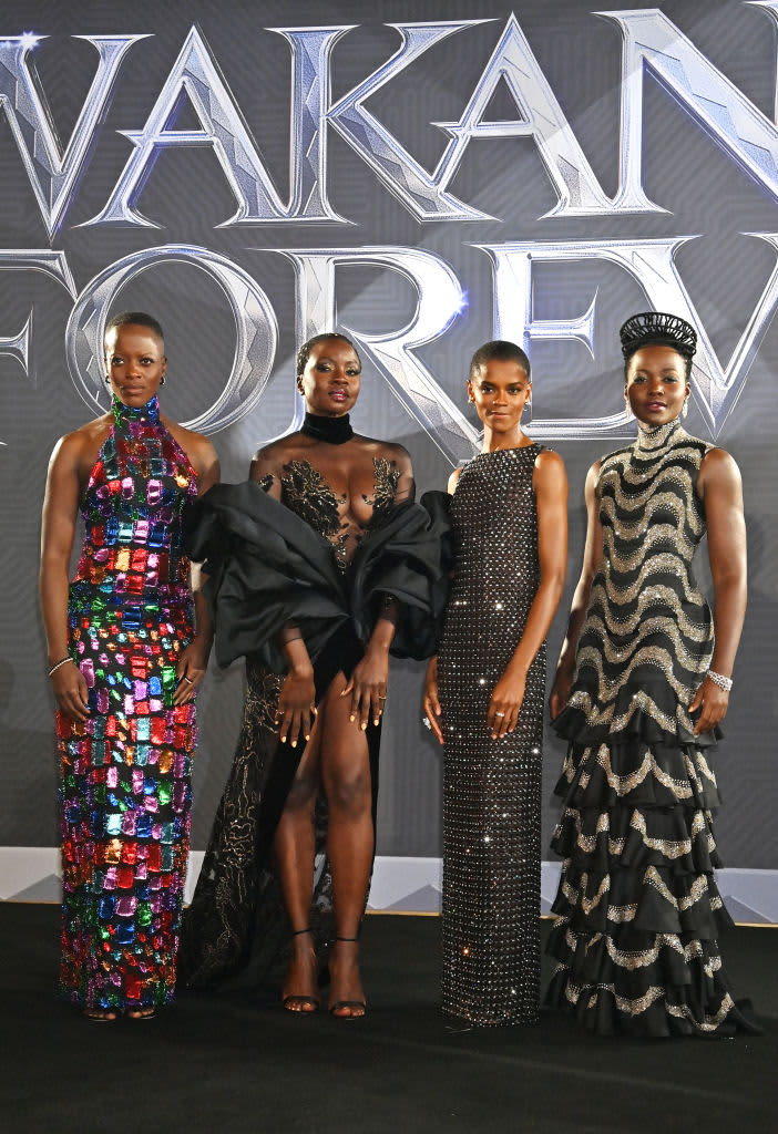 LONDON, ENGLAND - NOVEMBER 03: (L to R) Florence Kasumba, Danai Gurira, Letitia Wright and Lupita Nyong'o attend the European Premiere of "Black Panther: Wakanda Forever" at Cineworld Leicester Square on November 3, 2022 in London, England. (Photo by David M. Benett/Dave Benett/WireImage)