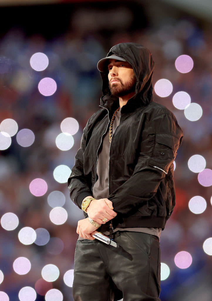 INGLEWOOD, CALIFORNIA - FEBRUARY 13: (EDITORS NOTE: Image has been converted to black and white. Color version is available.) Eminem performs during the Pepsi Super Bowl LVI Halftime Show at SoFi Stadium on February 13, 2022 in Inglewood, California. (Photo by Kevin C. Cox/Getty Images)