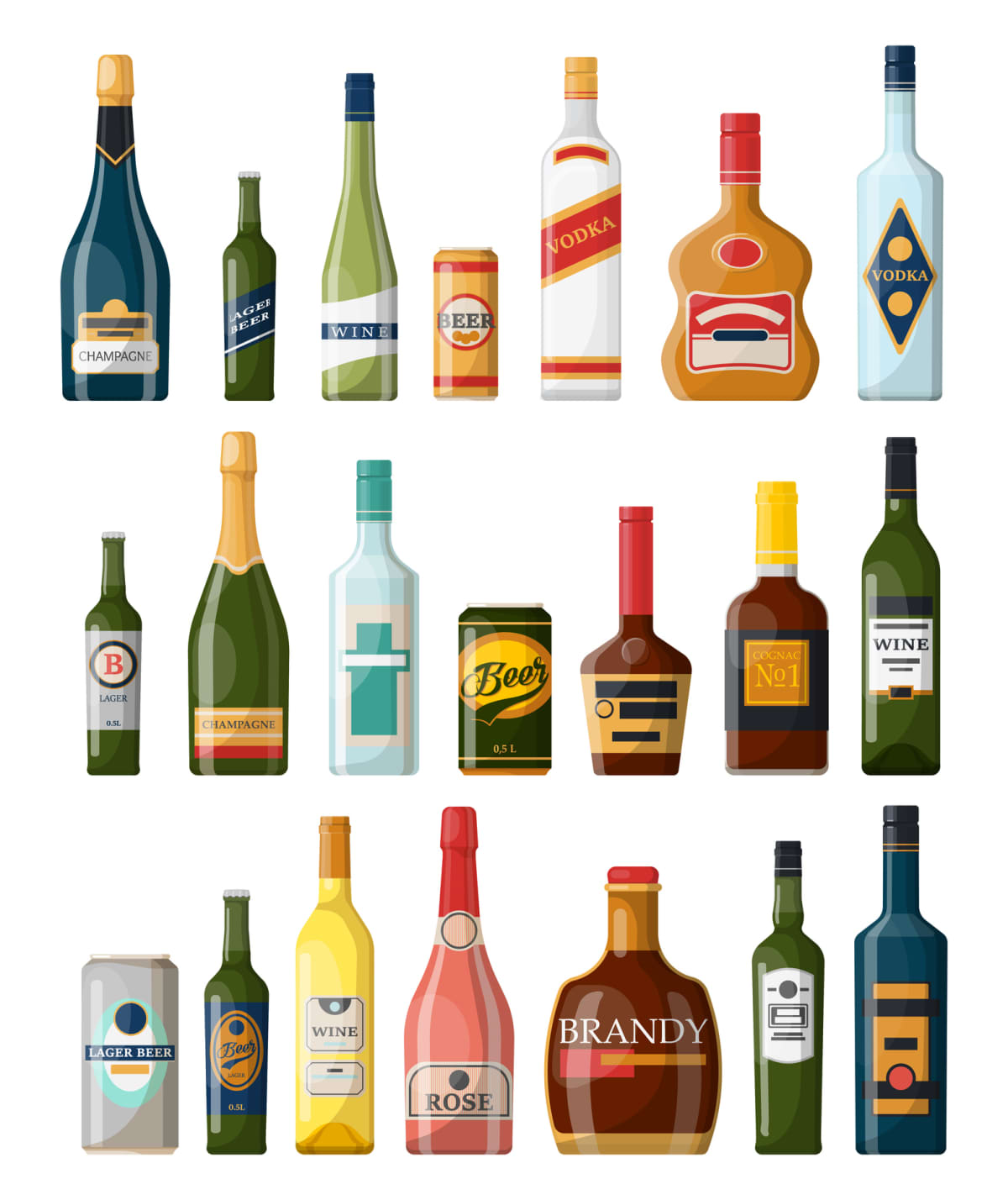 Set of isolated alcohol bottles, booze or beverage, drinks in glassware can. Lager beer and vodka, cognac and rum, wine and champagne, bourbon and brandy, tequila and scotch. Winery and bar theme