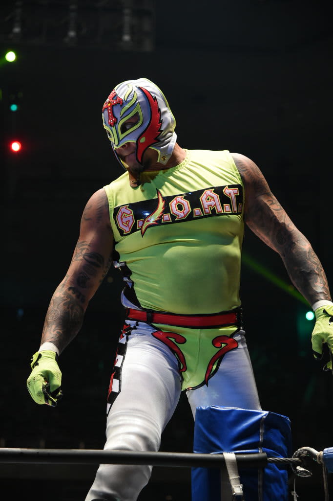 TOKYO, JAPAN - AUGUST 12:   Rey Mysterio Jr. celebrates his side's victory in the the 6-man tag match during the New Japan Pro-Wrestling G1 Climax 28 at Nippon Budokan on August 12, 2018 in Tokyo, Japan.  (Photo by New Japan Pro-Wrestling/Getty Images)