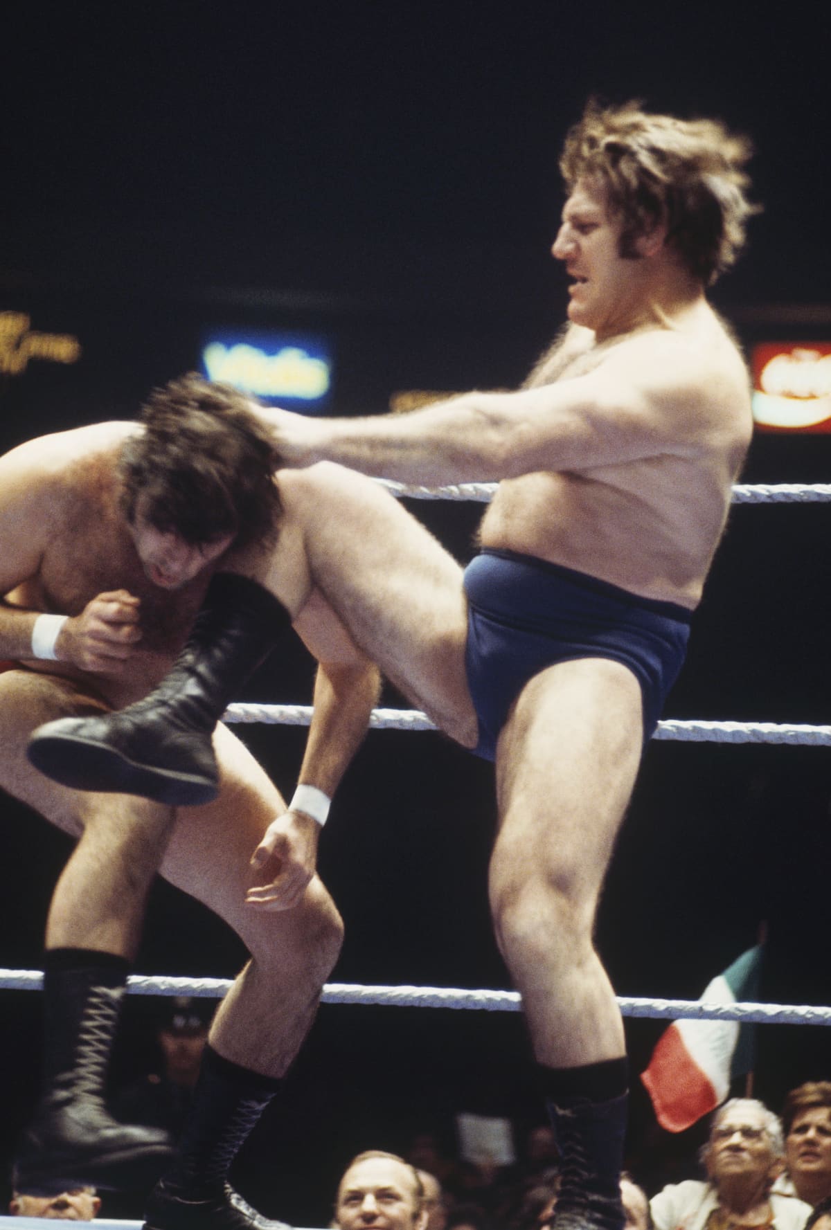 10/21/1968-New York City-ORIGINAL CAPTION READS:  Big Bruno Sammartino was beaten by this relatively gentle-looking soul, the Shiek, from Syria, billed as the Arabian champion.  Sammartino was disqualified after 12 minutes and 16 seconds before a crowd of 10,443 in the feature heavyweight wrestling exhibition at Madison Square Garden.