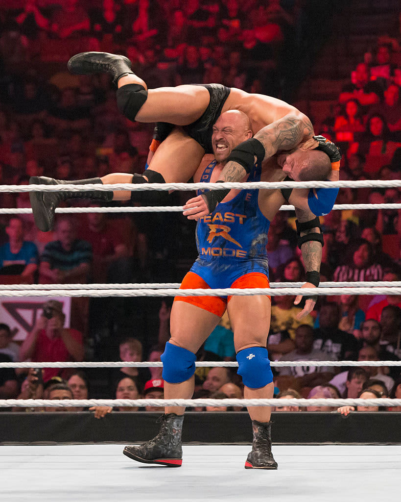 Roman Reigns, Randy Orton and Ryback vie for the right to face WWE World Heavyweight Champion Seth Rollins at Extreme Rules at the WWE Monday Night Raw at the Frank Erwin Center on April 6, 2015 in Austin, Texas. (Photo by Suzanne Cordeiro/Corbis via Getty Images)