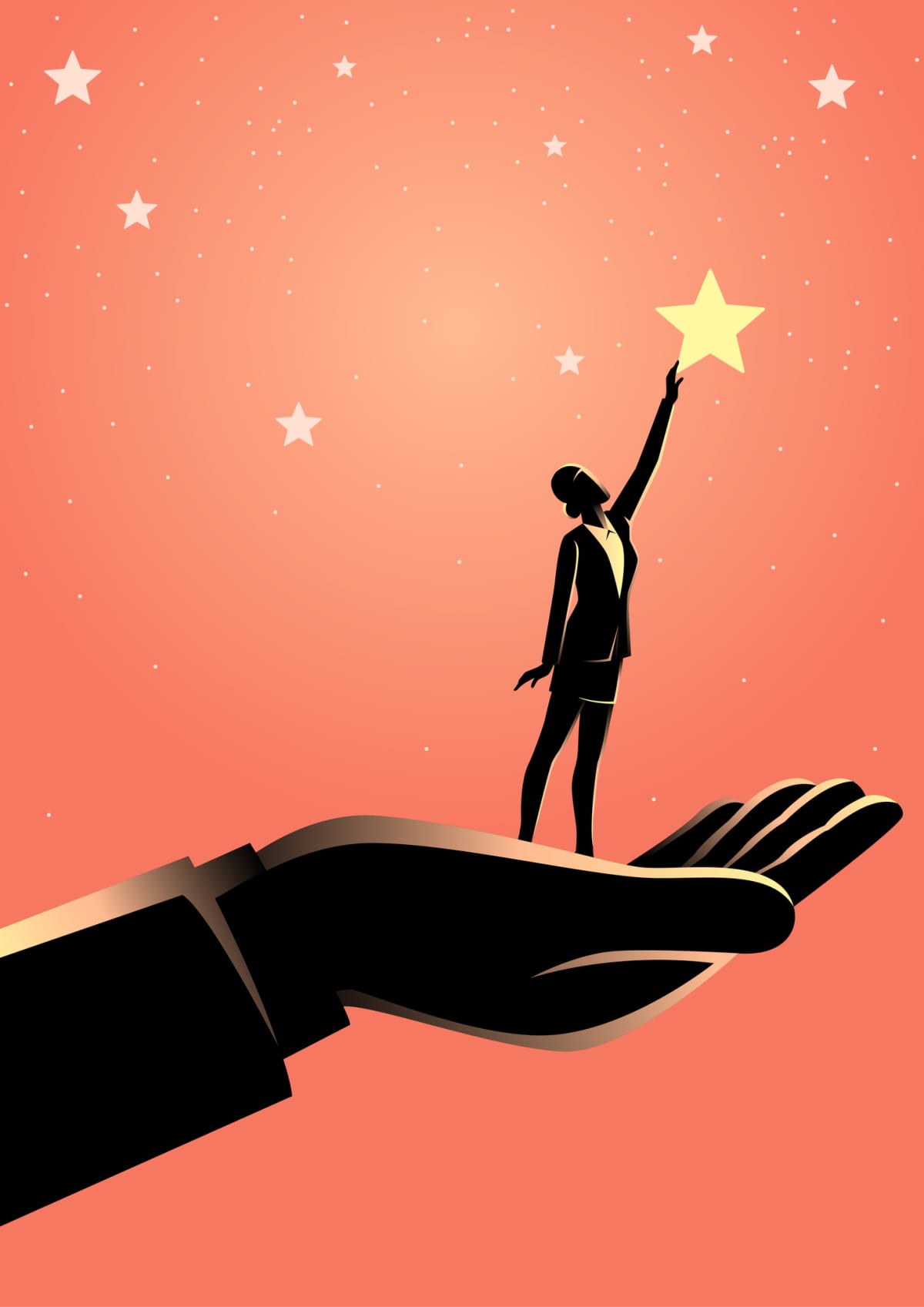 An artist rendering of an ambitious woman reaching for the stars. 