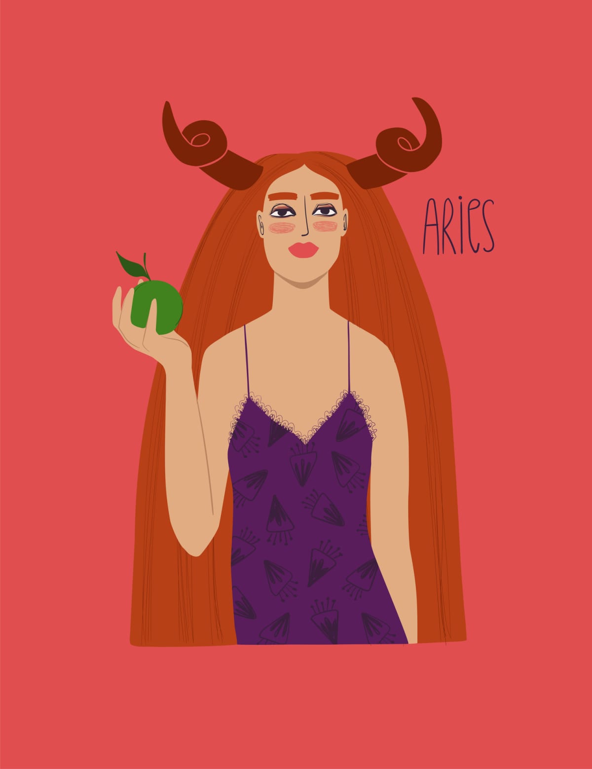Cartoon-like drawing of an Aries woman with ram horns.