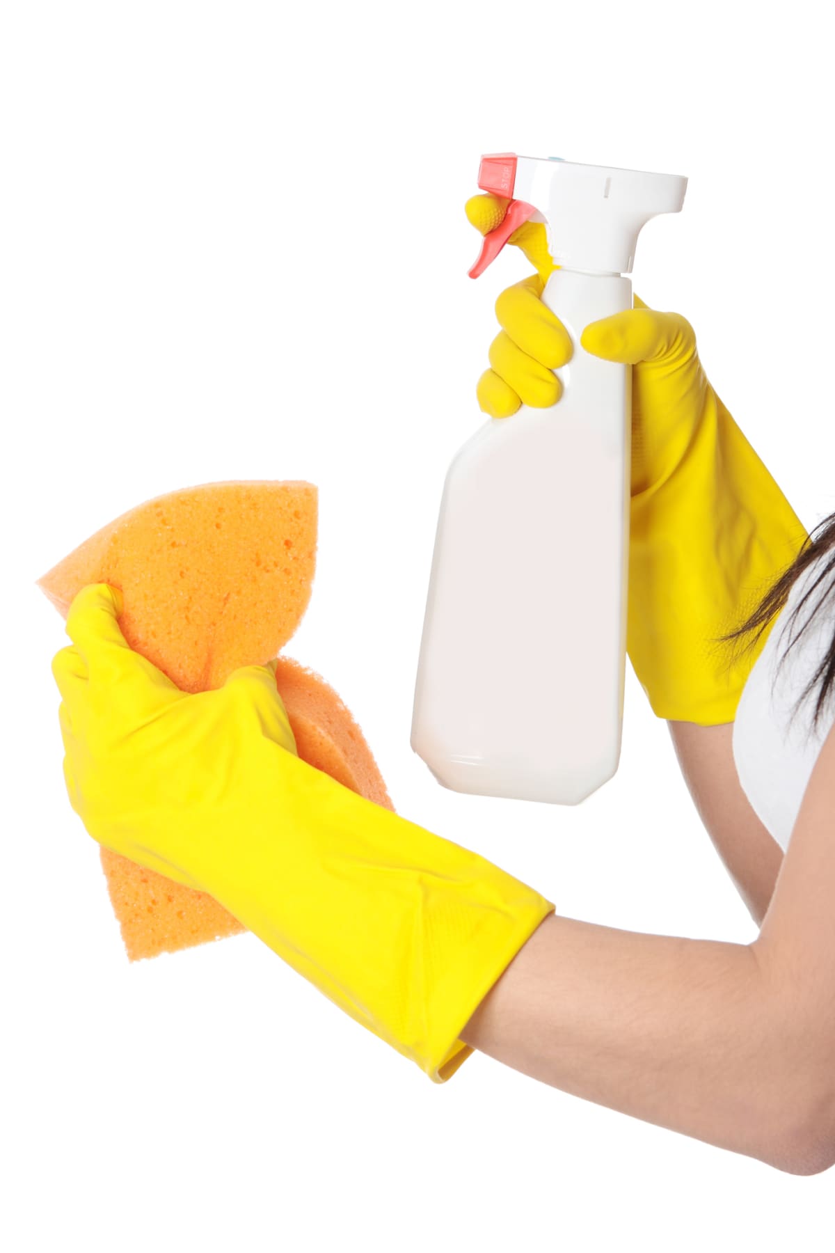 Person in rubber glove with sponge on white background, closeup of hand