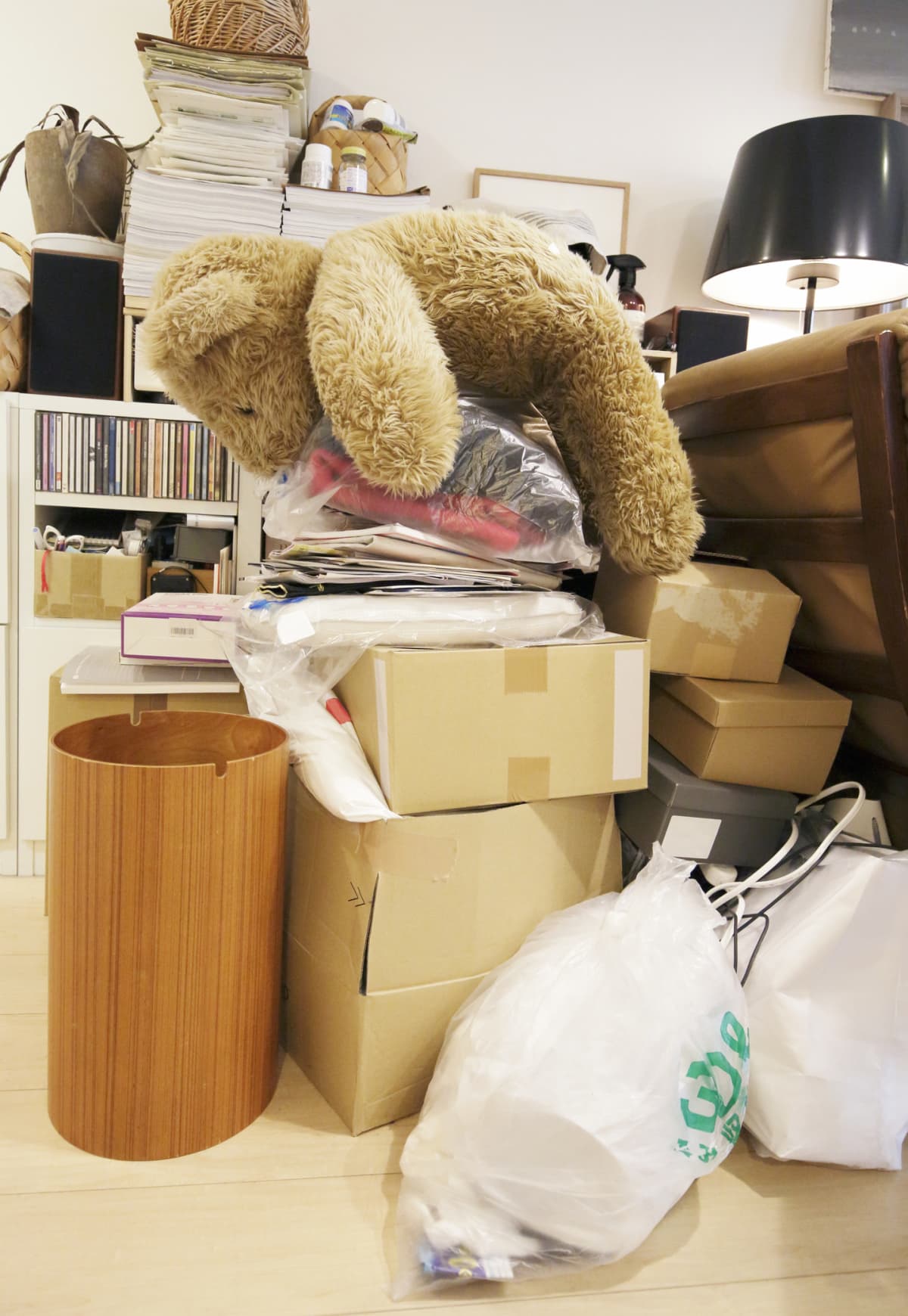 Cluttered room with teddy bear