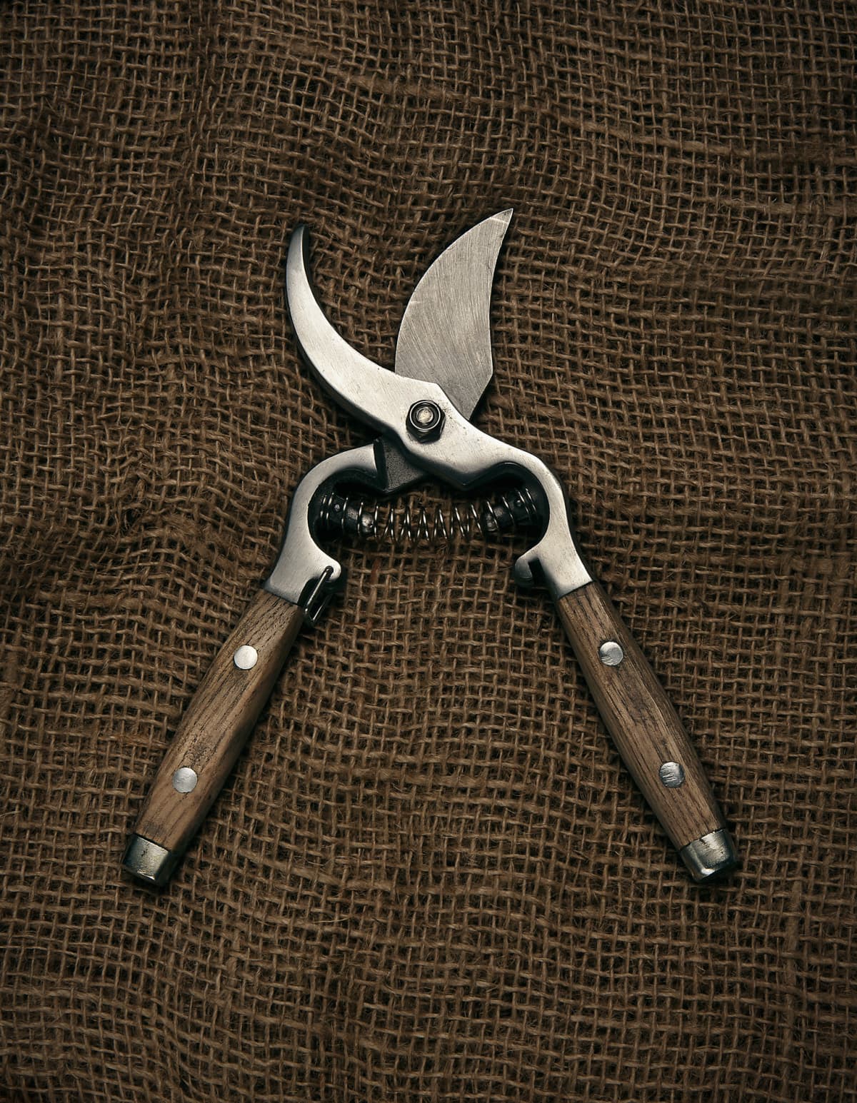 A set of sharp garden shears on a piece of sack background