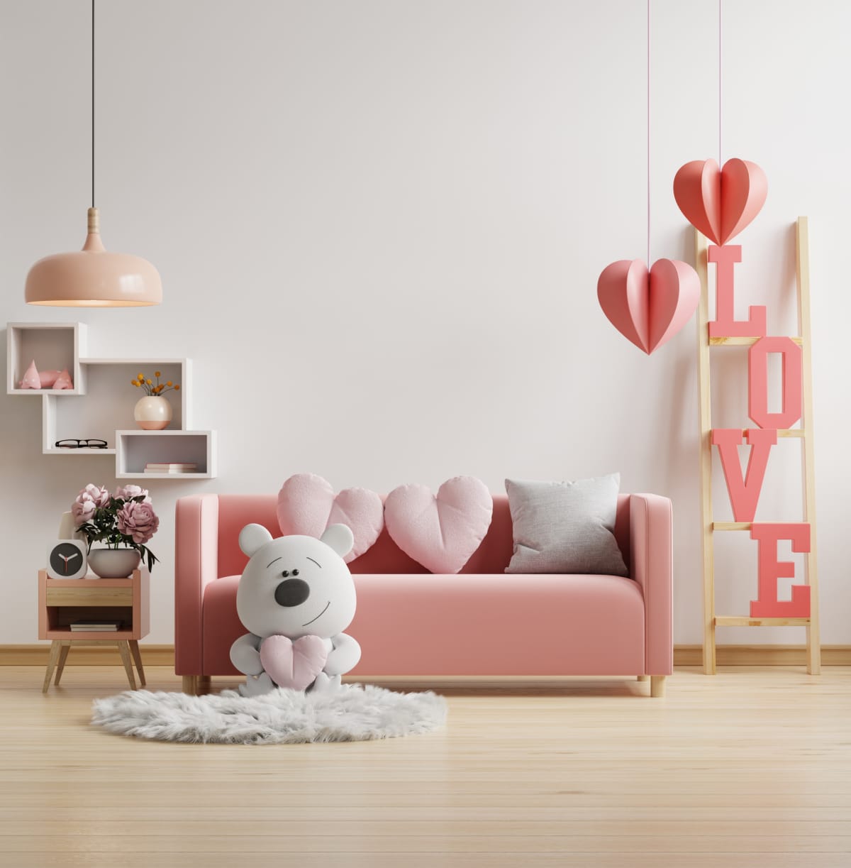 Valentine interior room with pink sofa and home decor for valentine's day.