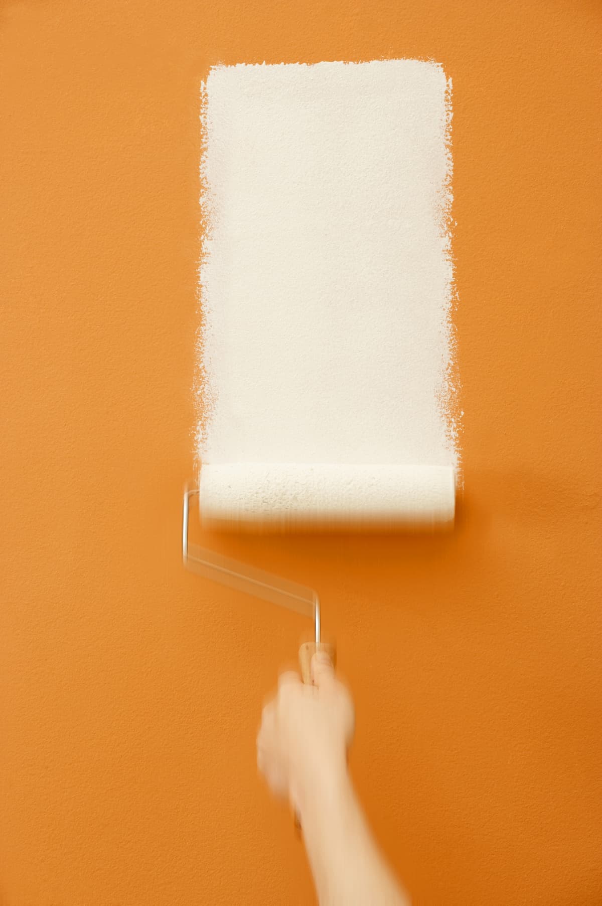 Male hand holding a paint roller that's applying white paint to an orange wall