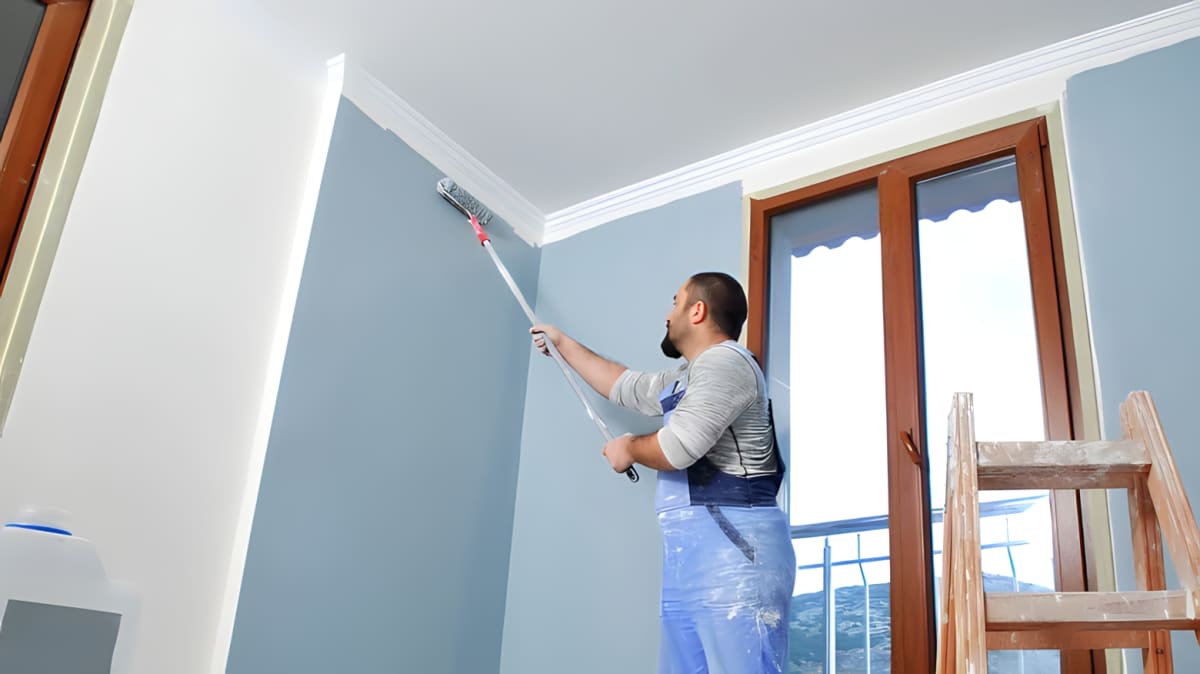 Man painting interior walls blue