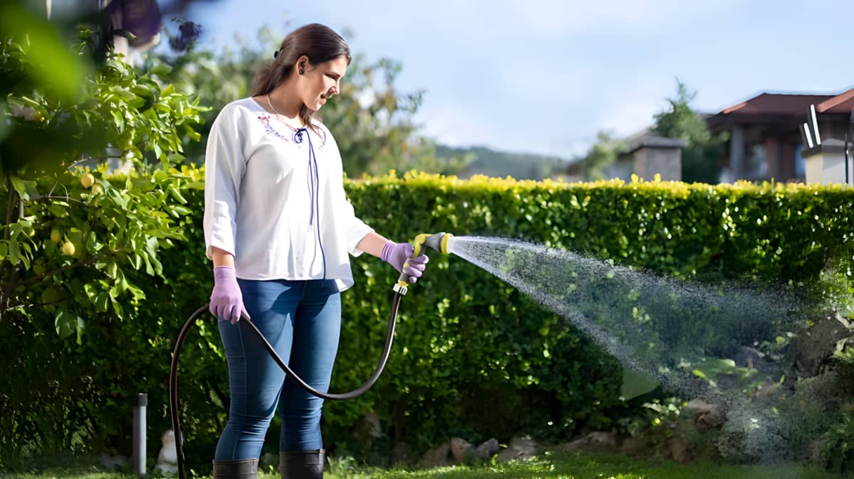 A woman watering a yard with a hose