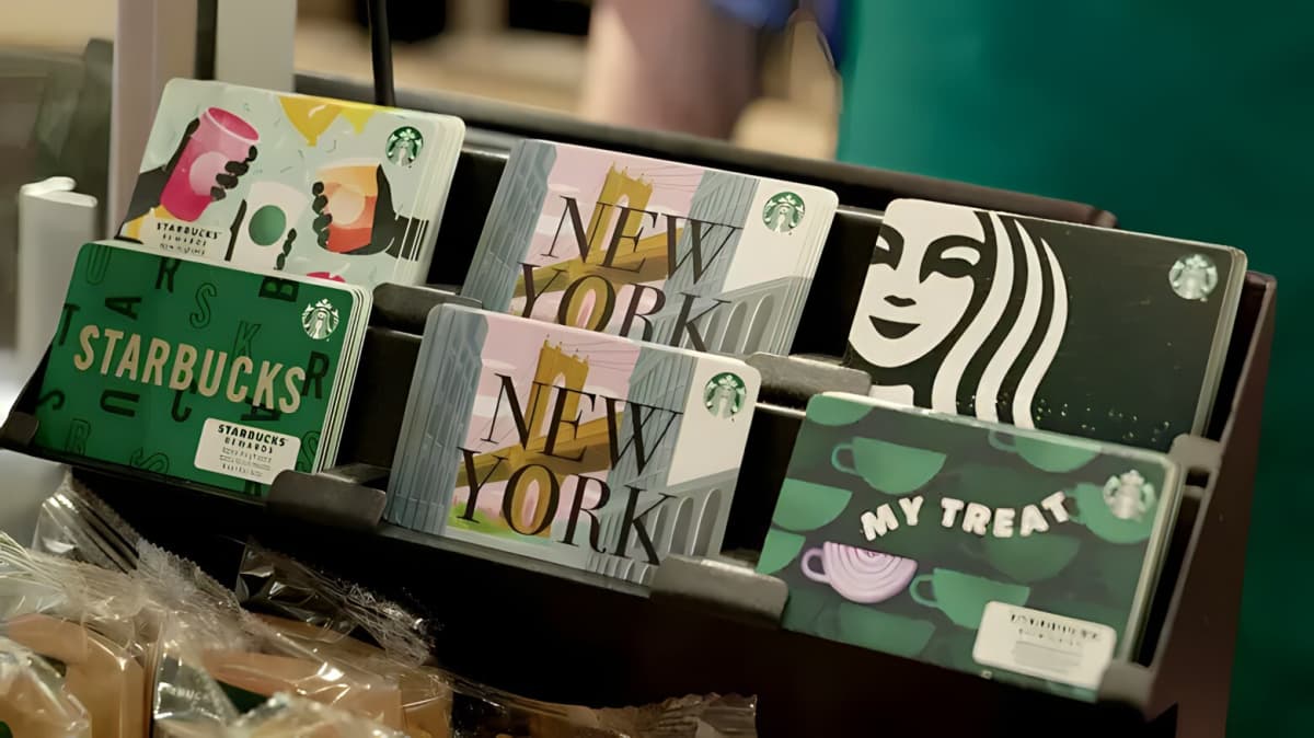 Starbucks gift cards on display.